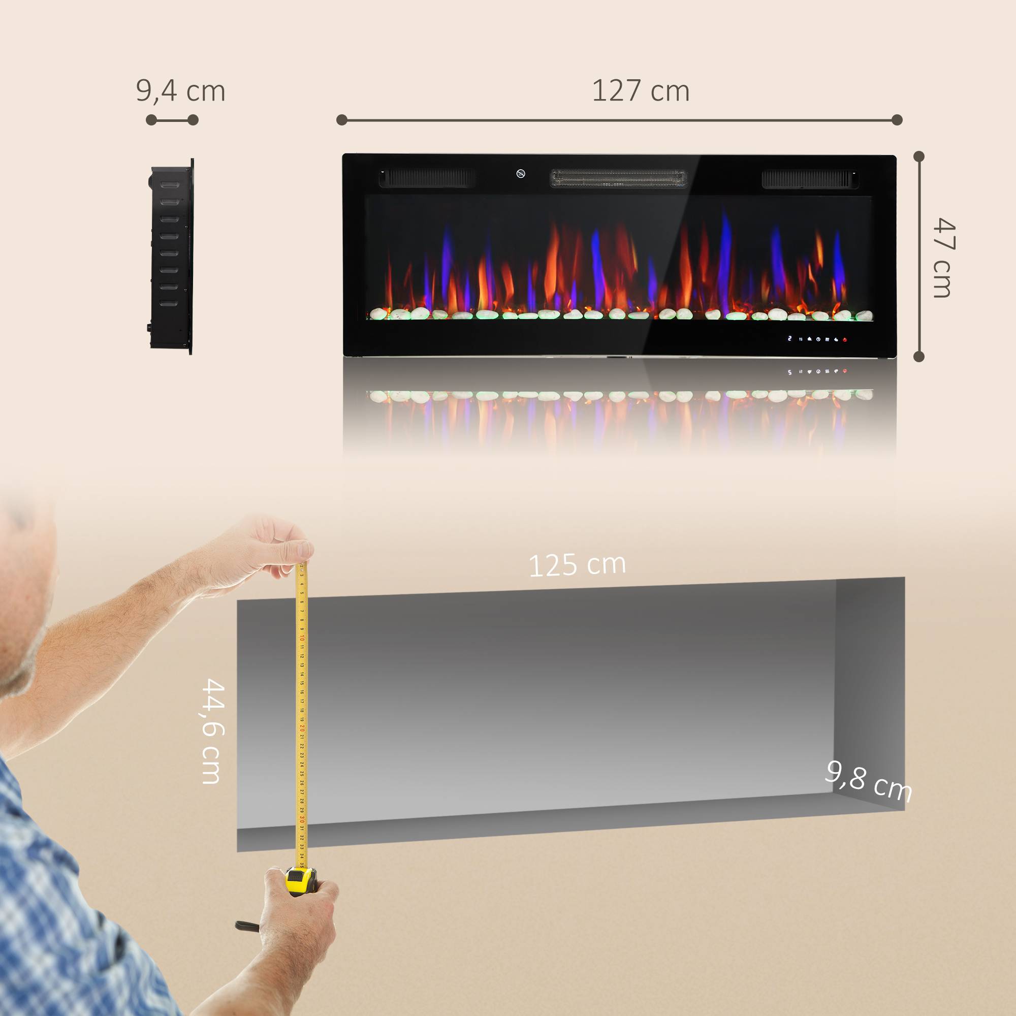 Cheminée électrique encastrable ultra-mince avec flamme 3D, luminosité et vitesse réglables, 12 couleurs de galets, 900/1800 W - Image 5