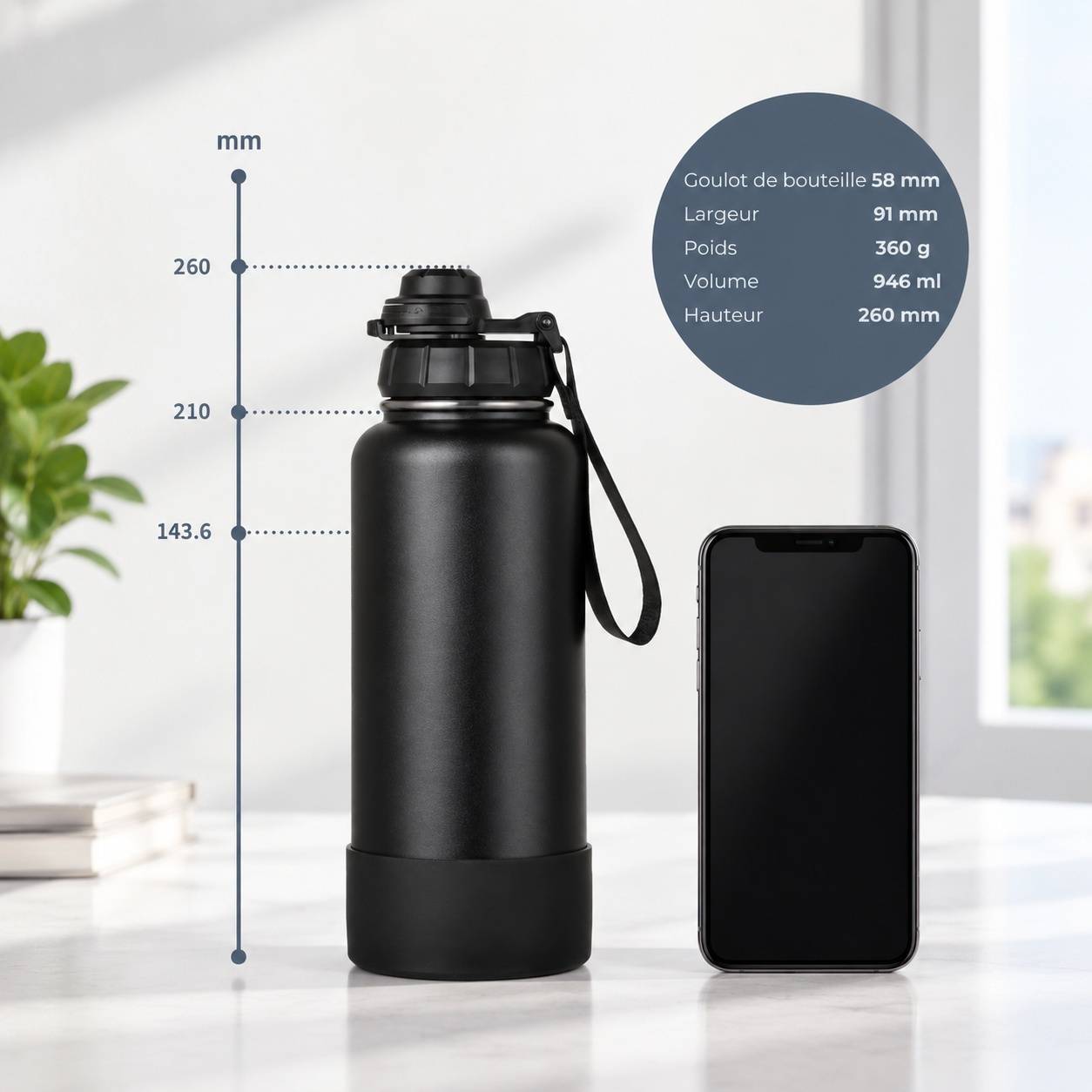 Bouteille Isotherme Acier Inoxydable 950 Ml Étanche Une Main Garder Froid 24h Chaud 12h Sport - Image 4