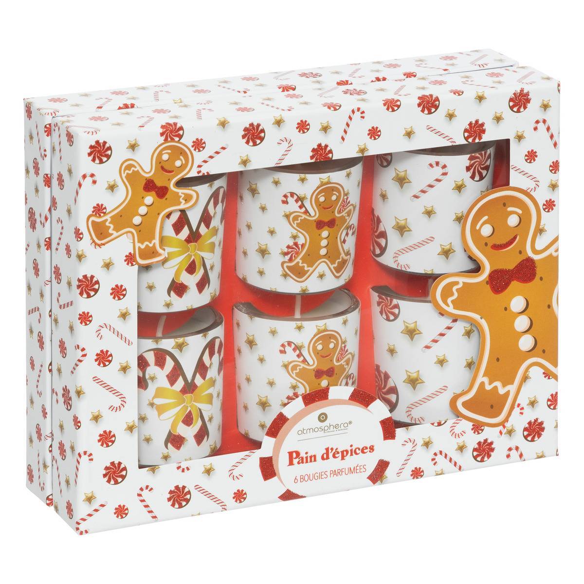 Fééric Lights & Christmas - Lot de 6 bougies parfumées 40 gr avec pot verre imprimé pain d'épice - Feeric Lights & Christmas - Image 1