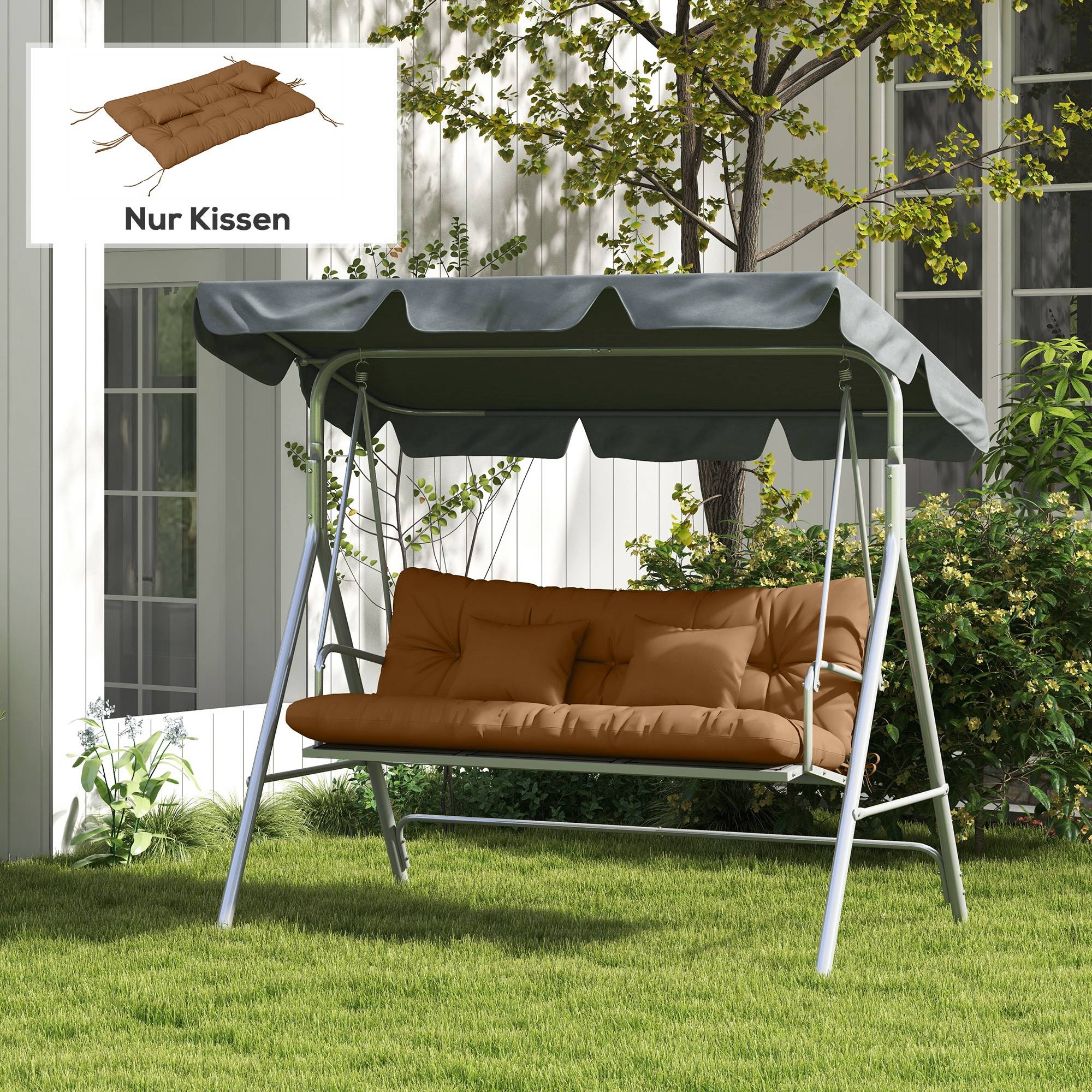 Lot de 4 coussins d'assise, 150 x 50 cm, imperméables, avec attaches, 10 cm d'épaisseur, couleur beige. - Image 4