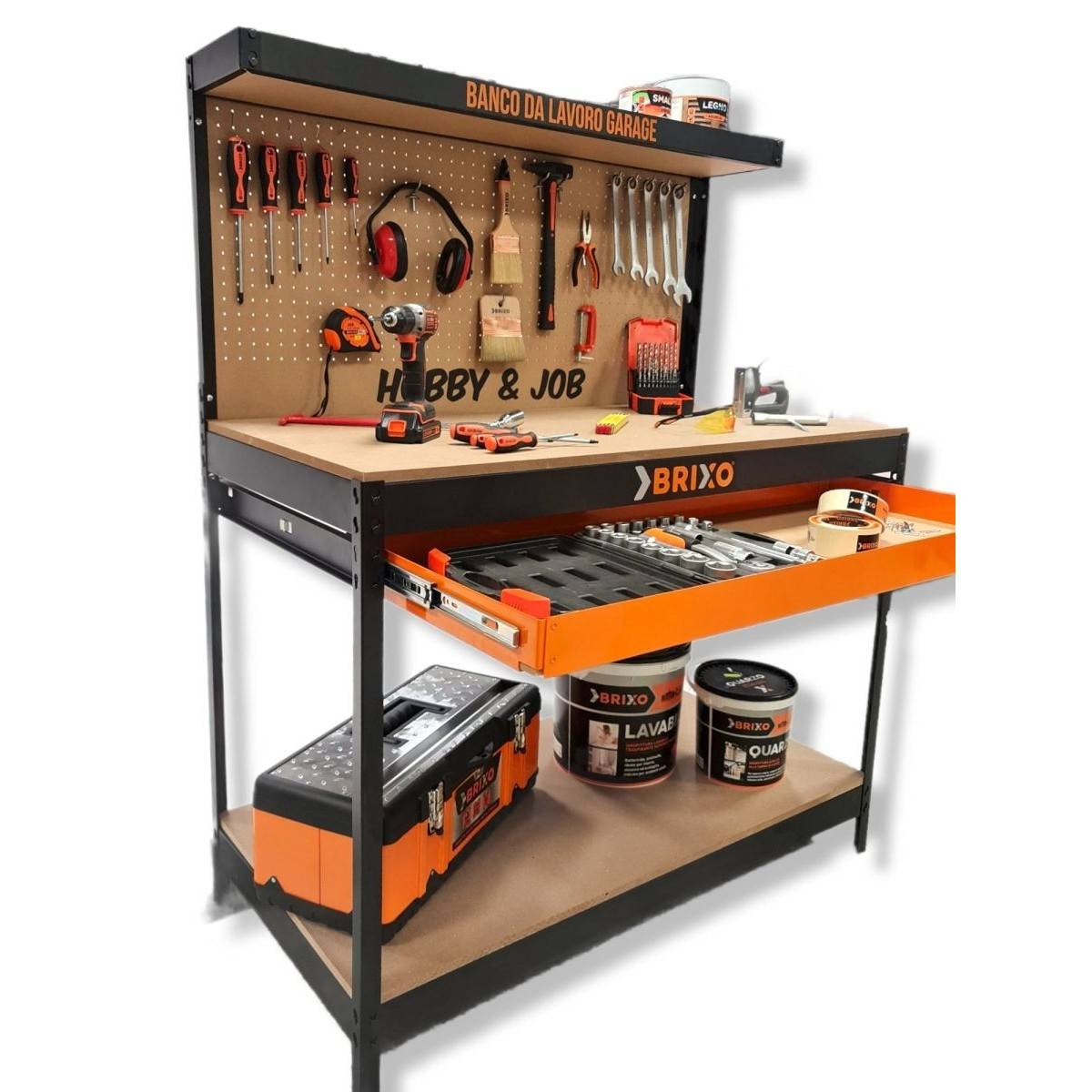 Etabli de garage avec tiroir Panneau perforé et étagère L120 xP60 x H150 cm Charge max 230 kg - Image 1