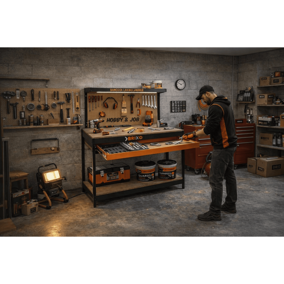 Etabli de garage avec tiroir Panneau perforé et étagère L120 xP60 x H150 cm Charge max 230 kg - Image 3
