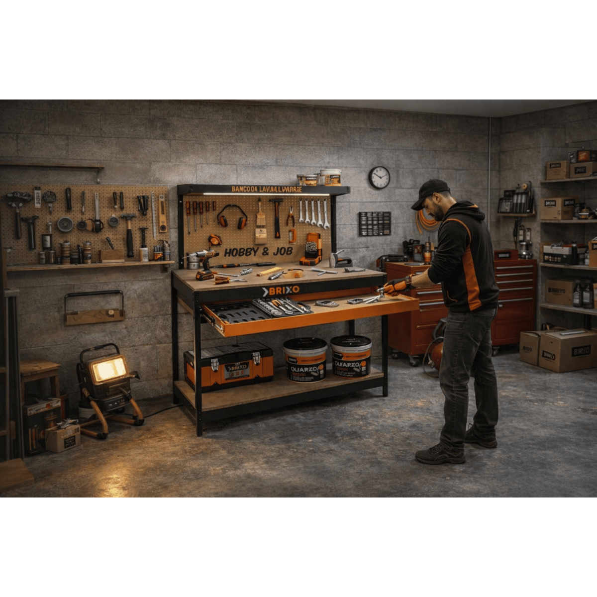 Etabli de garage avec tiroir Panneau perforé et étagère L120 xP60 x H150 cm Charge max 230 kg - Image 3