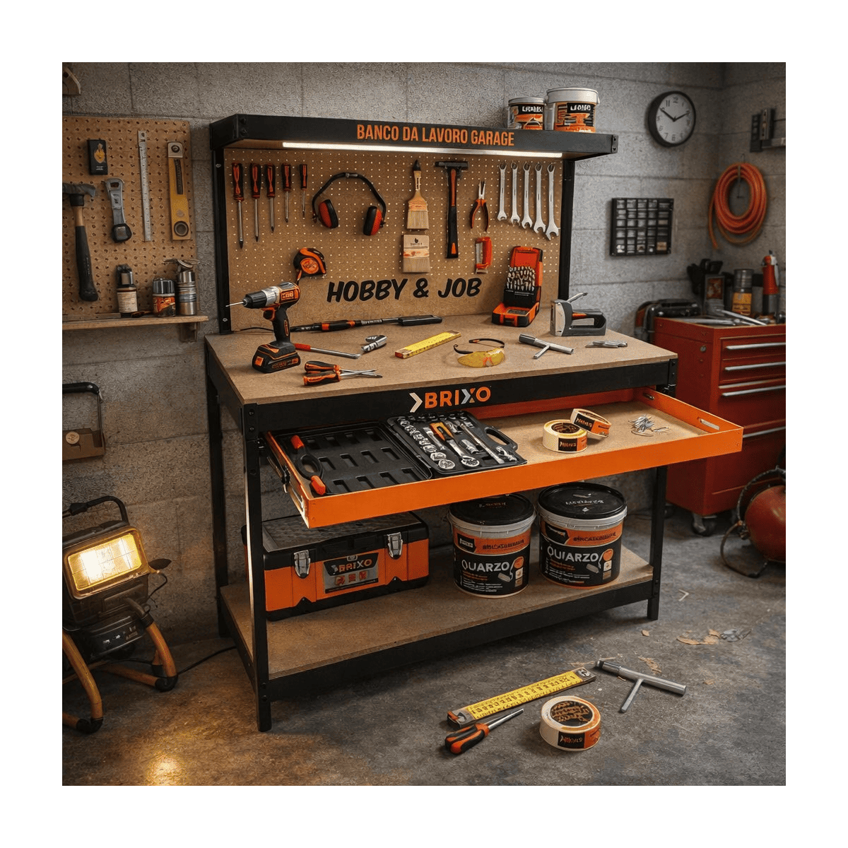 Etabli de garage avec tiroir Panneau perforé et étagère L120 xP60 x H150 cm Charge max 230 kg - Image 4