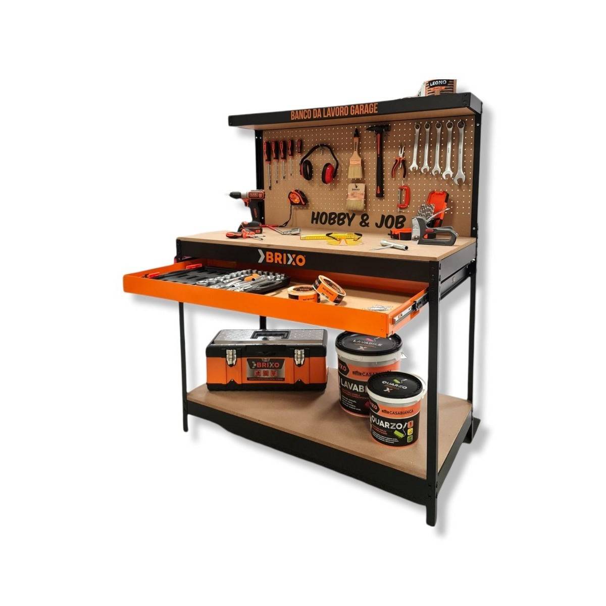 Etabli de garage avec tiroir Panneau perforé et étagère L120 xP60 x H150 cm Charge max 230 kg - Image 9