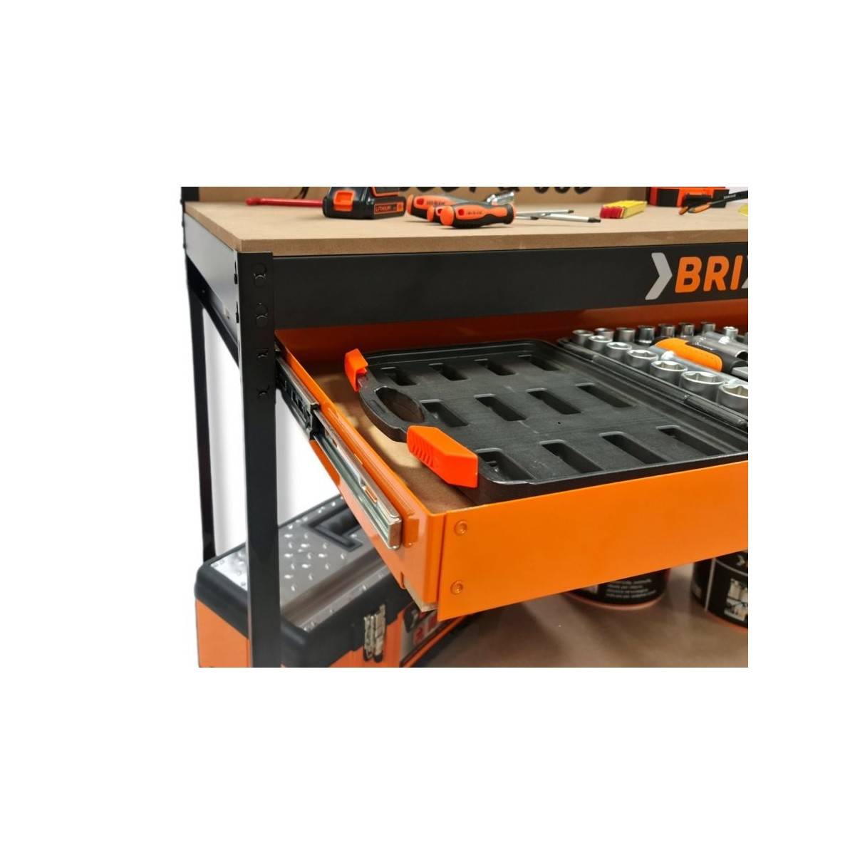 Etabli de garage avec tiroir Panneau perforé et étagère L120 xP60 x H150 cm Charge max 230 kg - Image 7