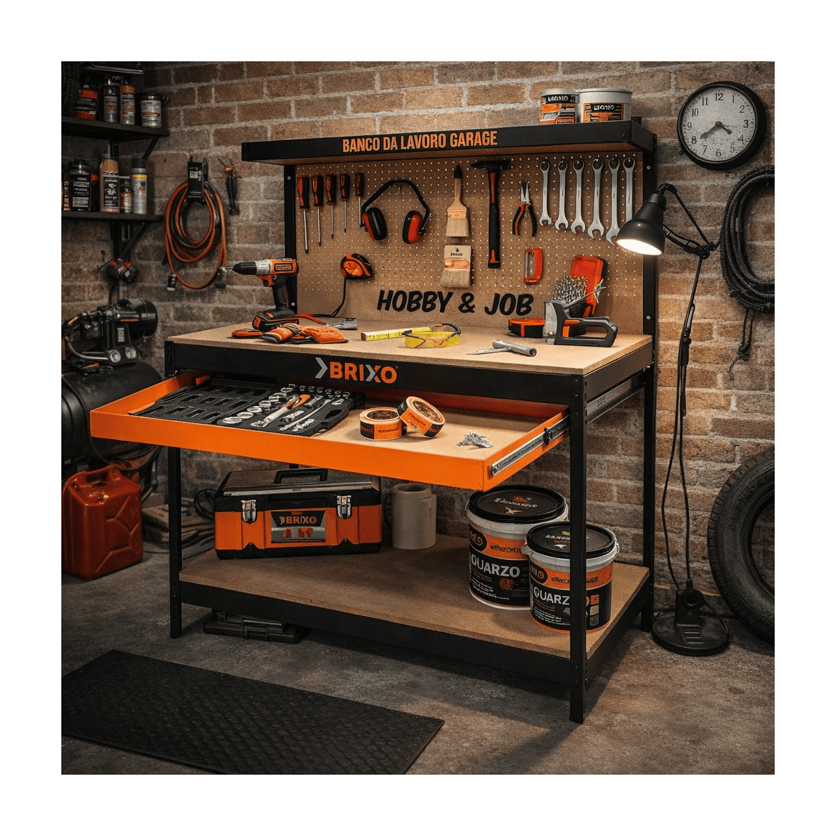 Etabli de garage avec tiroir Panneau perforé et étagère L120 xP60 x H150 cm Charge max 230 kg - Image 2