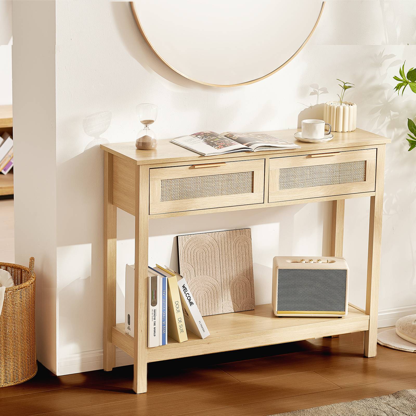 VEVOR Table console rotin, 2 tiroirs, porte coulissante, 1000x295x815 mm. Rangement, naturel. - Image 1