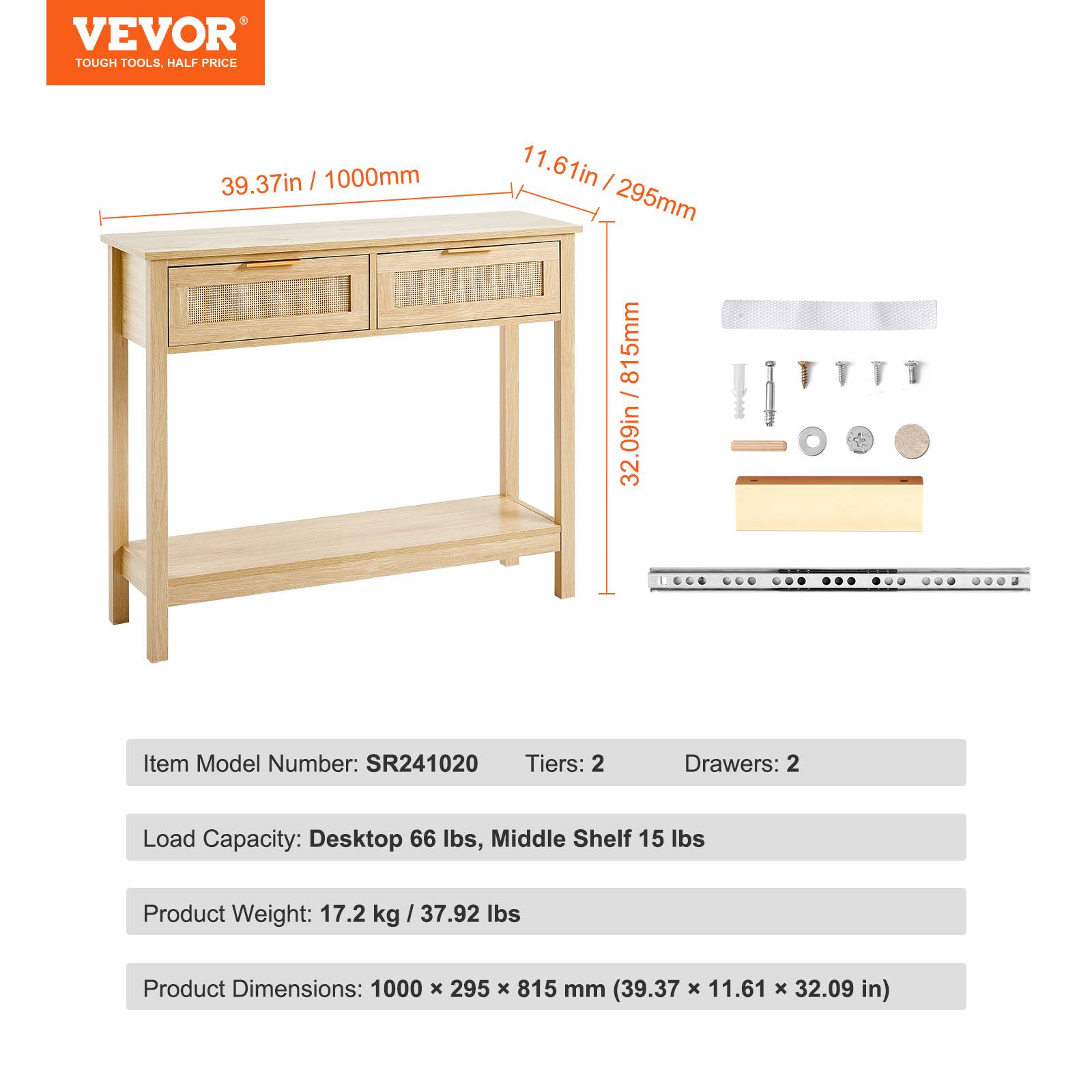 VEVOR Table console rotin, 2 tiroirs, porte coulissante, 1000x295x815 mm. Rangement, naturel. - Image 7