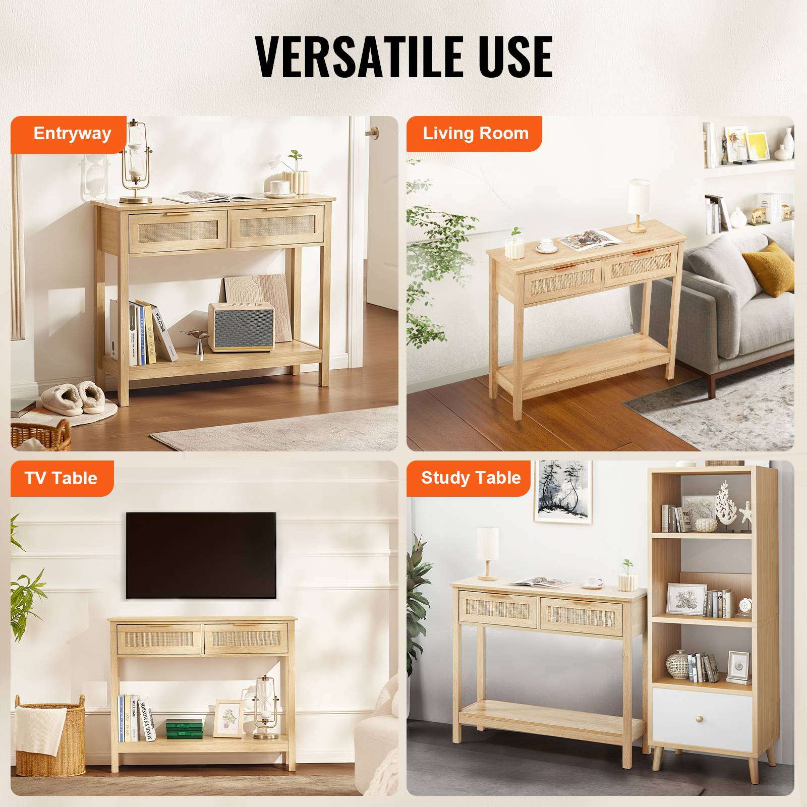 VEVOR Table console rotin, 2 tiroirs, porte coulissante, 1000x295x815 mm. Rangement, naturel. - Image 6