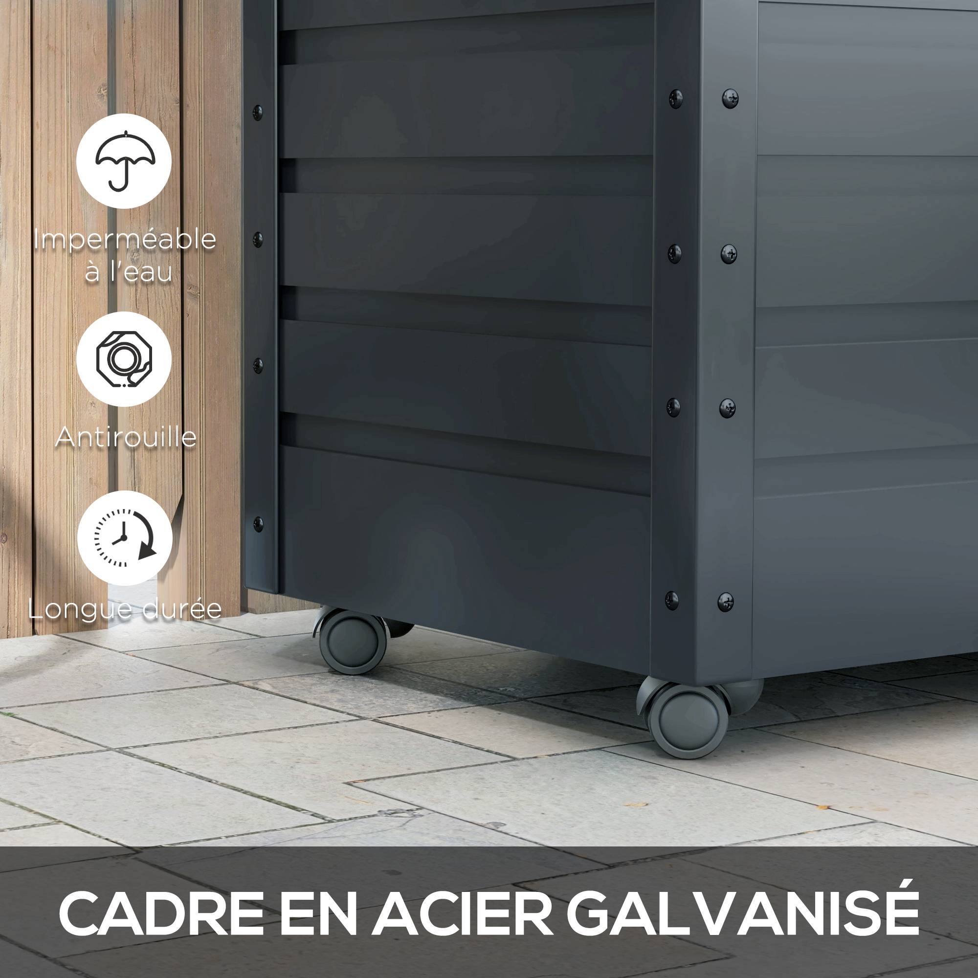 Coffre de rangement extérieur 295L, avec vérin à gaz, roulettes et poignée, en acier galvanisé, 100 x 62 x 65 cm, gris - Image 7
