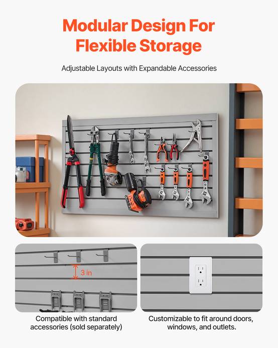 VEVOR Panneau lattes mural garage, 1225x645mm, PVC, modulaire, portes-outils, atelier, gris. - Image 4