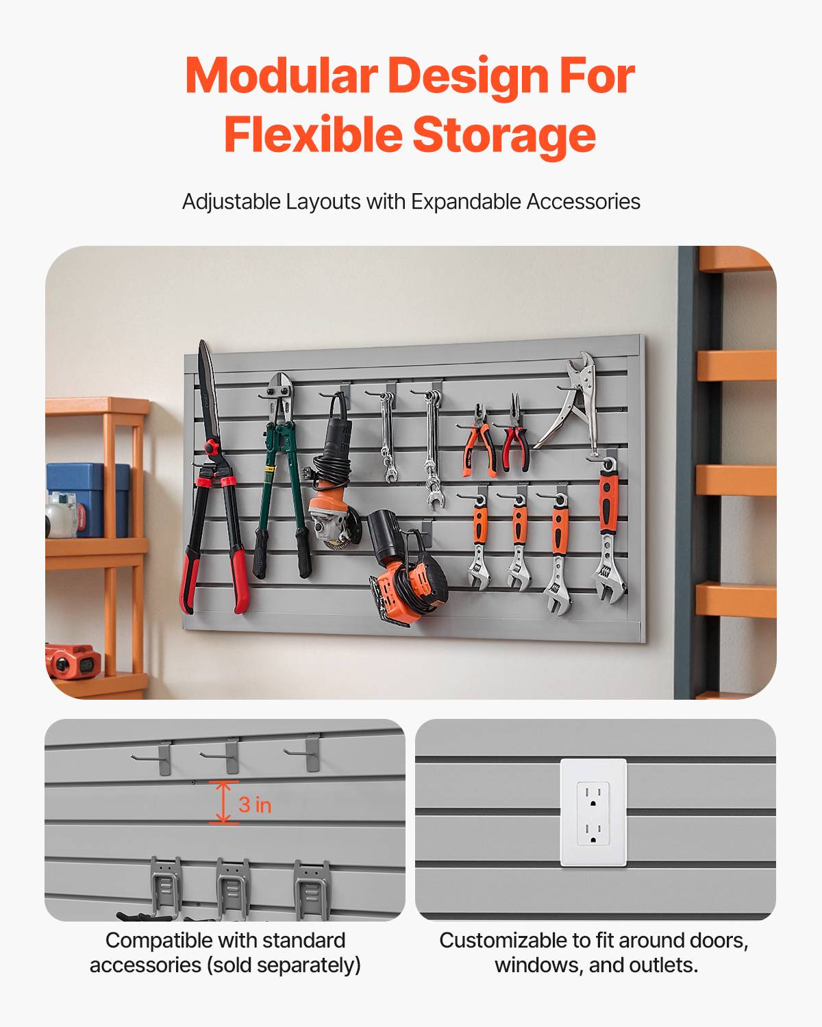 VEVOR Panneau lattes mural garage, 1225x645mm, PVC, modulaire, portes-outils, atelier, gris. - Image 4
