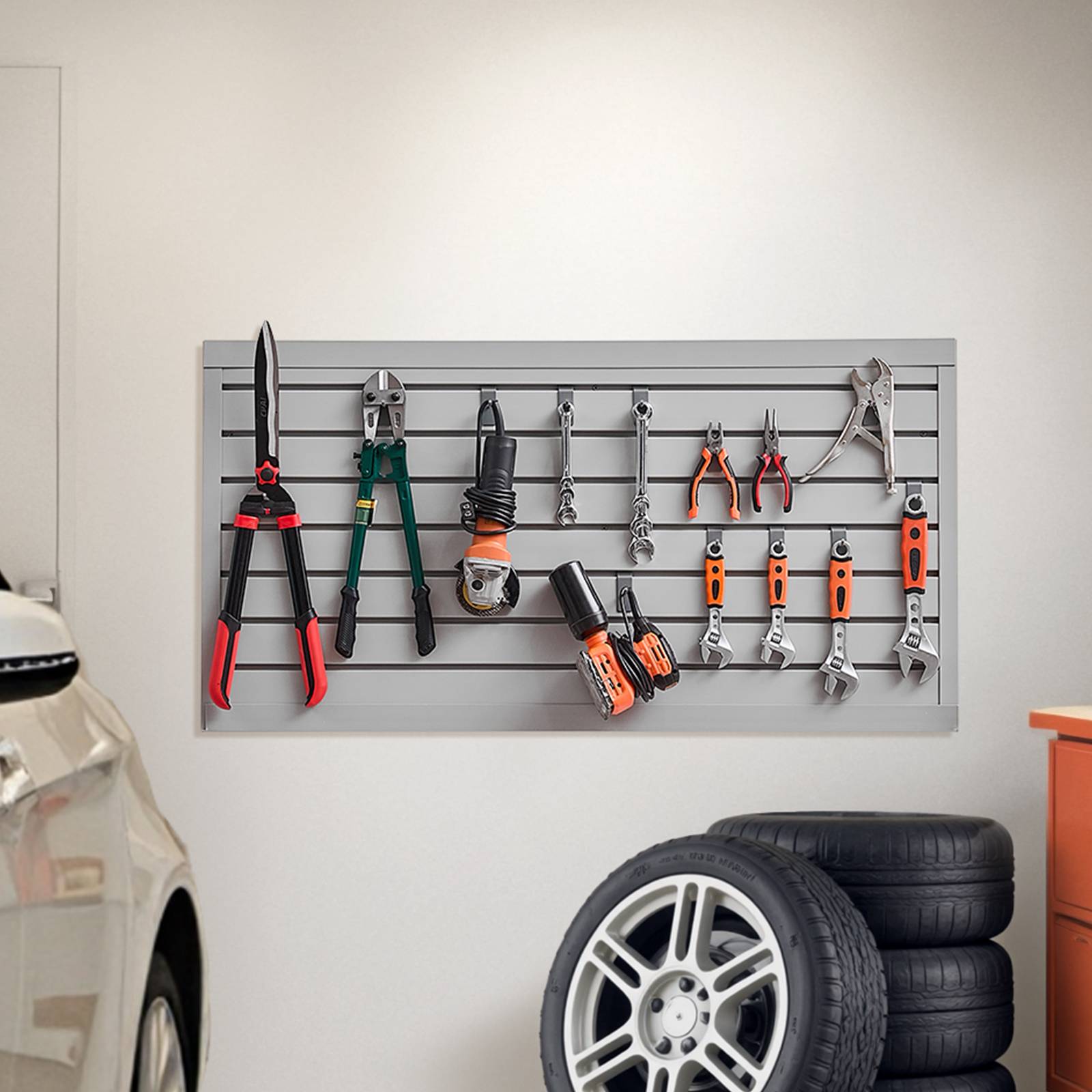 VEVOR Panneau lattes mural garage, 1225x645mm, PVC, modulaire, portes-outils, atelier, gris. - Image 8