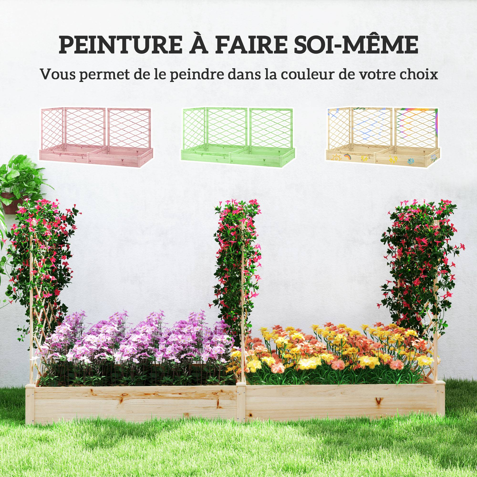 Jardinière avec 3 treillis modulable, bac à fleurs en bois pour balcon terrasse patio, 222x114x109 cm effet bois naturel - Image 8