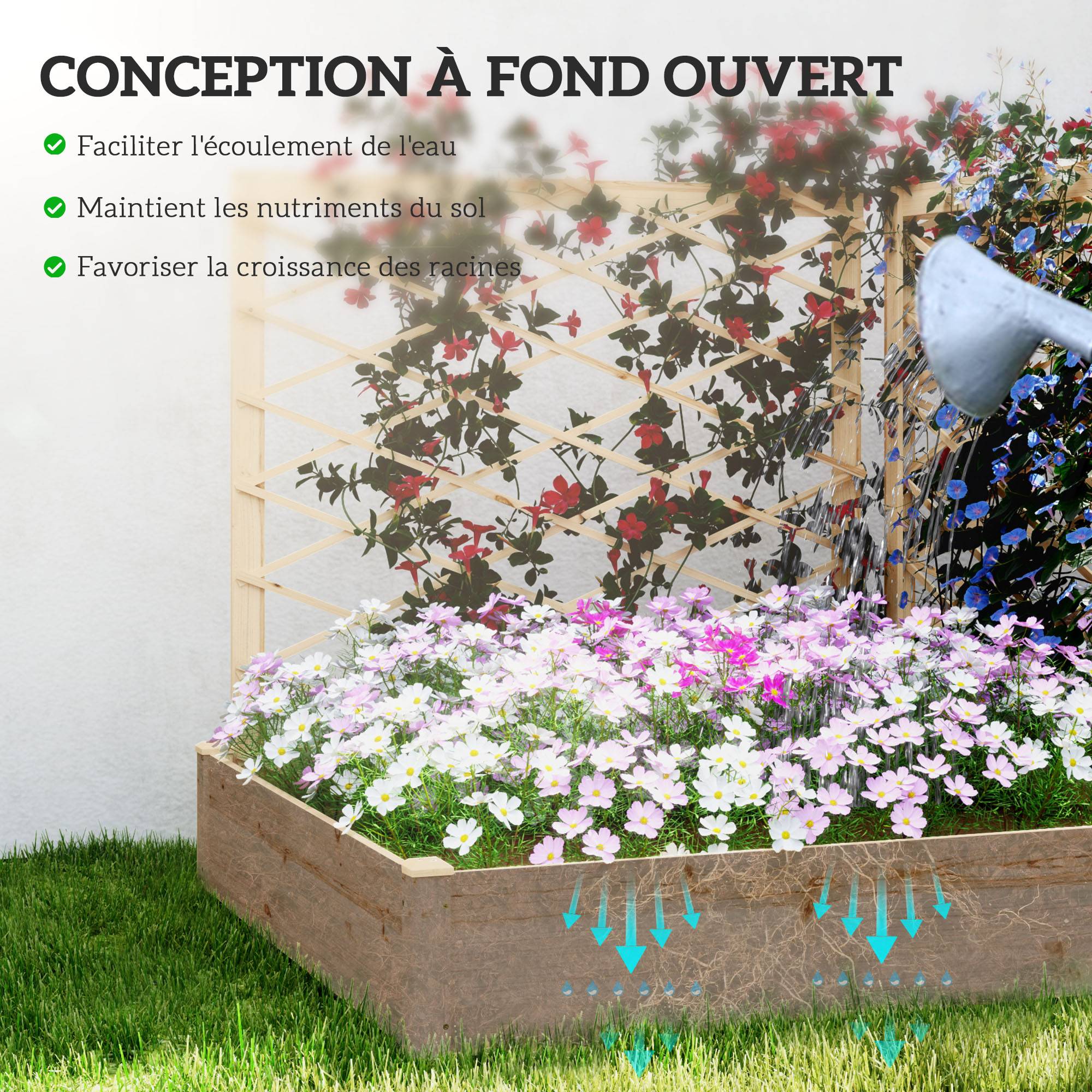 Jardinière avec 3 treillis modulable, bac à fleurs en bois pour balcon terrasse patio, 222x114x109 cm effet bois naturel - Image 9