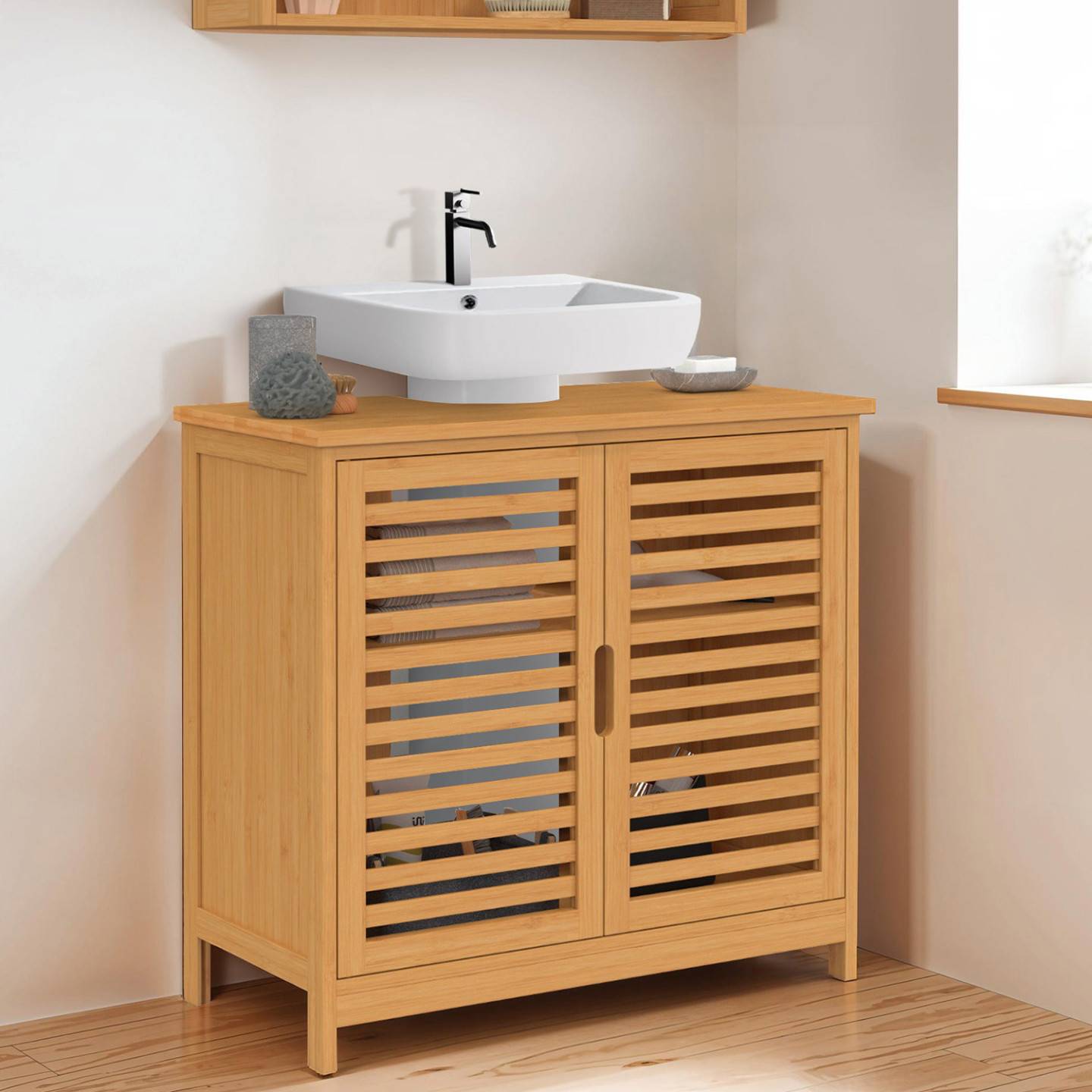 Meuble Lavabo Meuble Sous Vasque Bambou 60x100cm - 2 Portes 3 Tiroirs - Salle De Bain Naturel Découpe Siphon 24x8cm