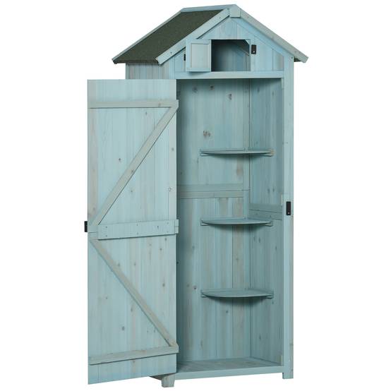 ComfortXL - Armoire de jardin en bois bleu clair et vert 77 x 54,2 x 179 cm pour outils avec 3 étagères et toit à deux pans - Image 2