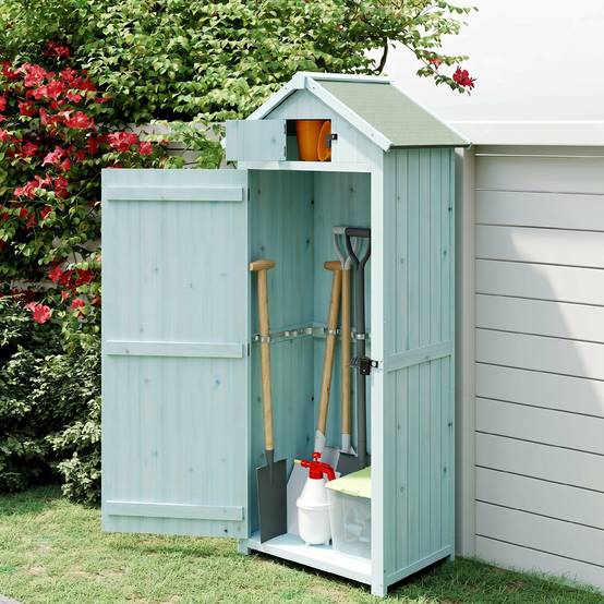 ComfortXL - Armoire de jardin en bois bleu clair et vert 77 x 54,2 x 179 cm pour outils avec 3 étagères et toit à deux pans - Image 8