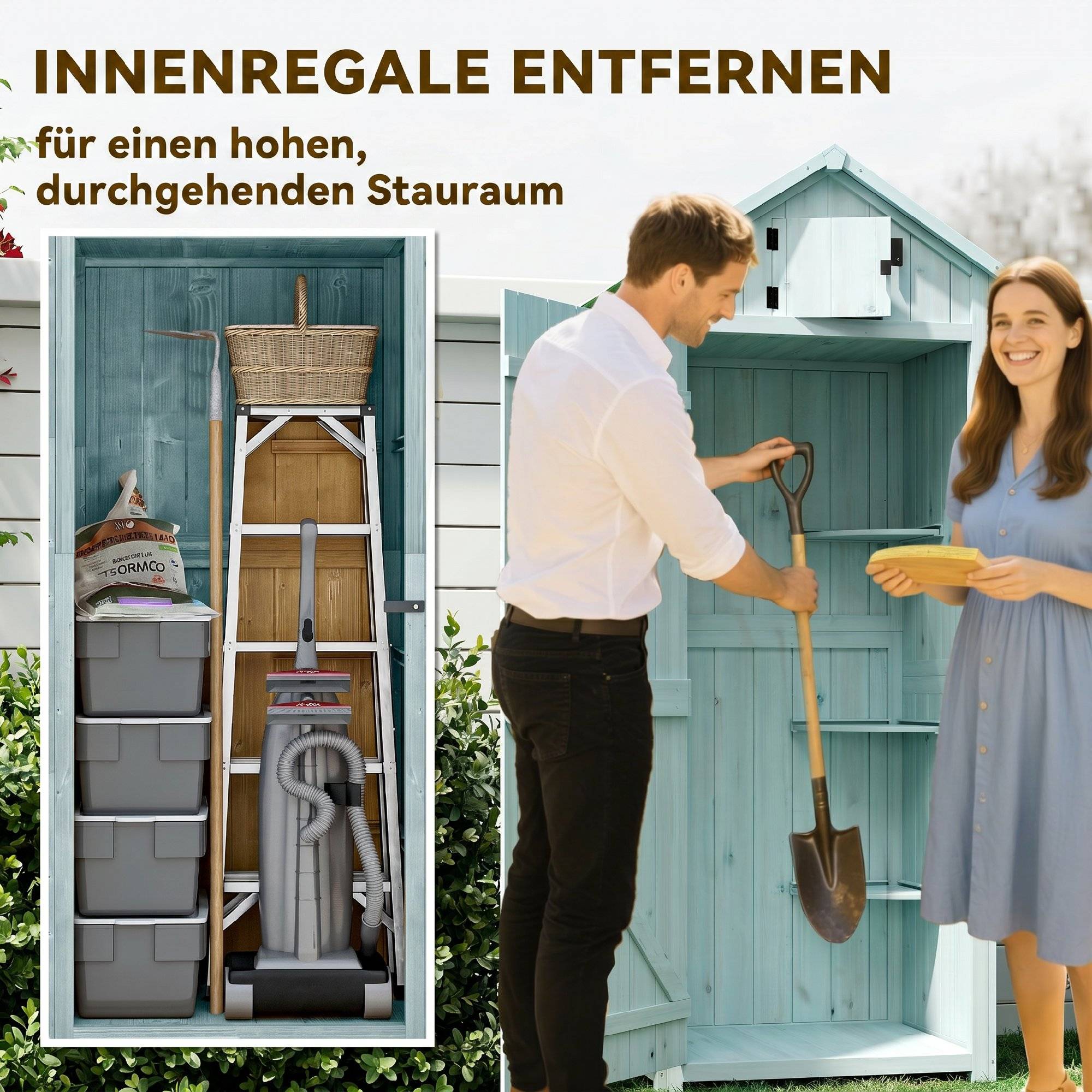ComfortXL - Armoire de jardin en bois bleu clair et vert 77 x 54,2 x 179 cm pour outils avec 3 étagères et toit à deux pans - Image 5