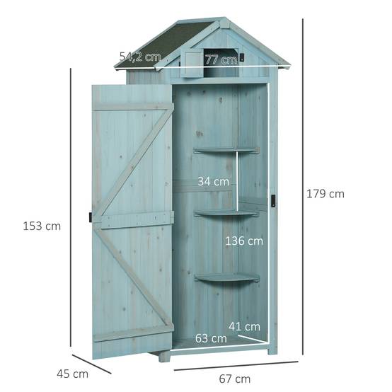 ComfortXL - Armoire de jardin en bois bleu clair et vert 77 x 54,2 x 179 cm pour outils avec 3 étagères et toit à deux pans - Image 3