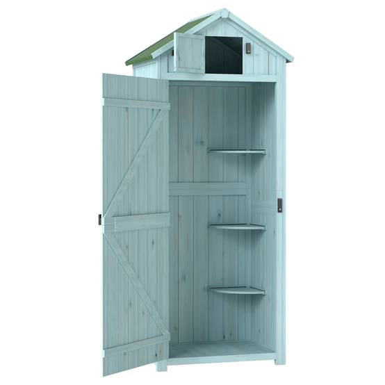 ComfortXL - Armoire de jardin en bois bleu clair et vert 77 x 54,2 x 179 cm pour outils avec 3 étagères et toit à deux pans - Image 9