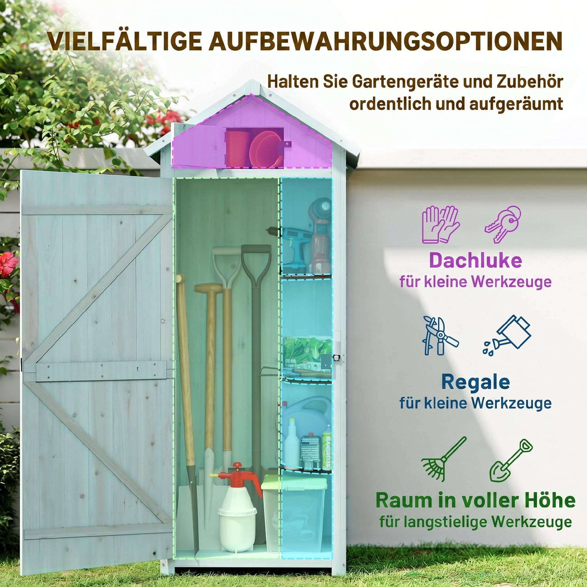 ComfortXL - Armoire de jardin en bois bleu clair et vert 77 x 54,2 x 179 cm pour outils avec 3 étagères et toit à deux pans - Image 4