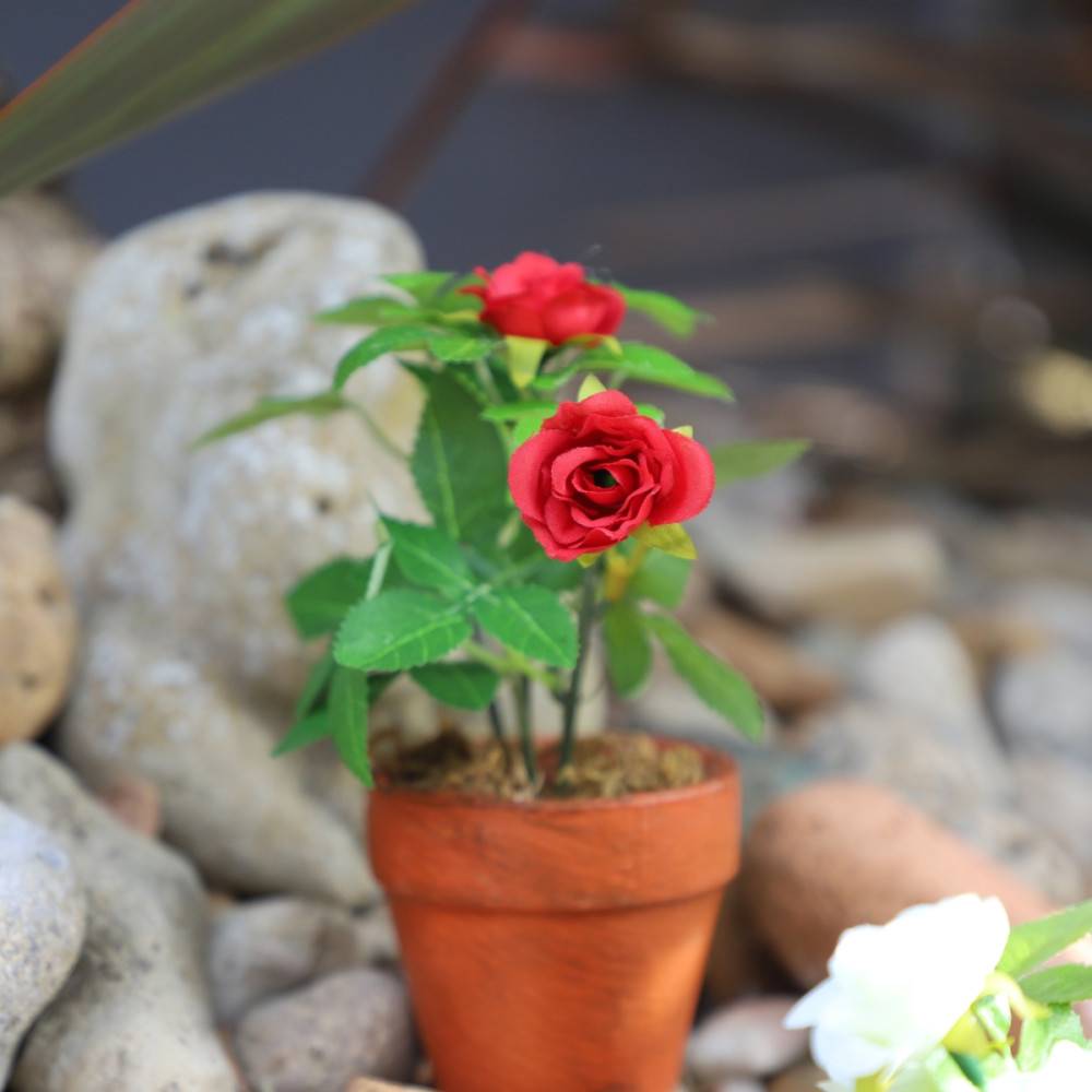 ~Rosier plante fleur artificielle extérieur cimetière tissu rouge 12cm Chemin de campagne - Image 2