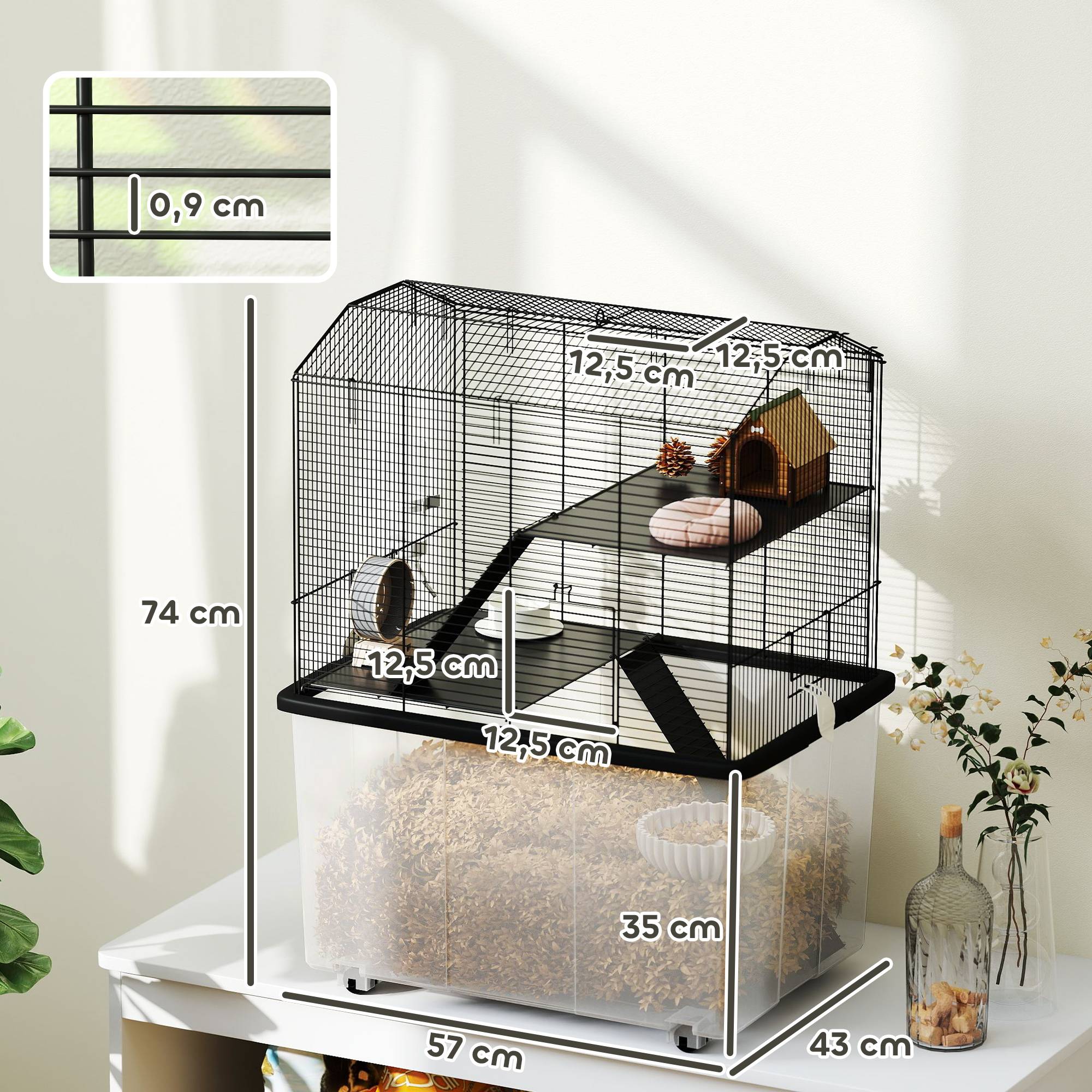 Sans Marque - Cage hamster rongeur 3 étages roulettes plate-forme échelle fil acier 57x43x74 cm noir - Image 5