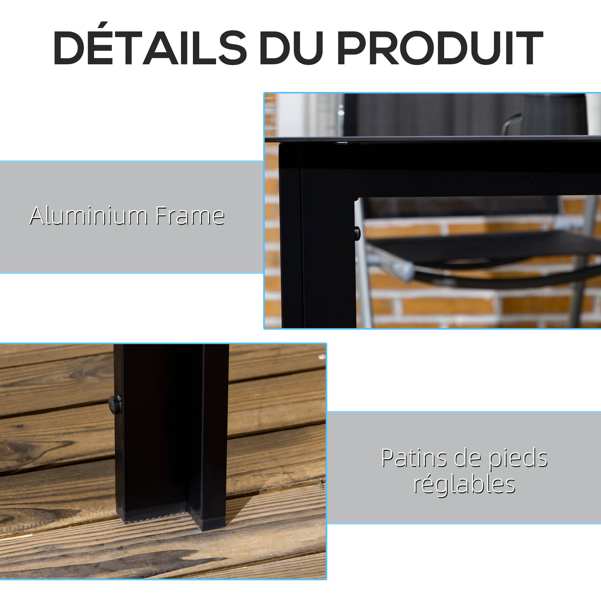 Sans Marque - Table de jardin rectangulaire en aluminium et plateau en verre trempé - 6 personnes 150 x 90 x 74 cm noir - Image 7