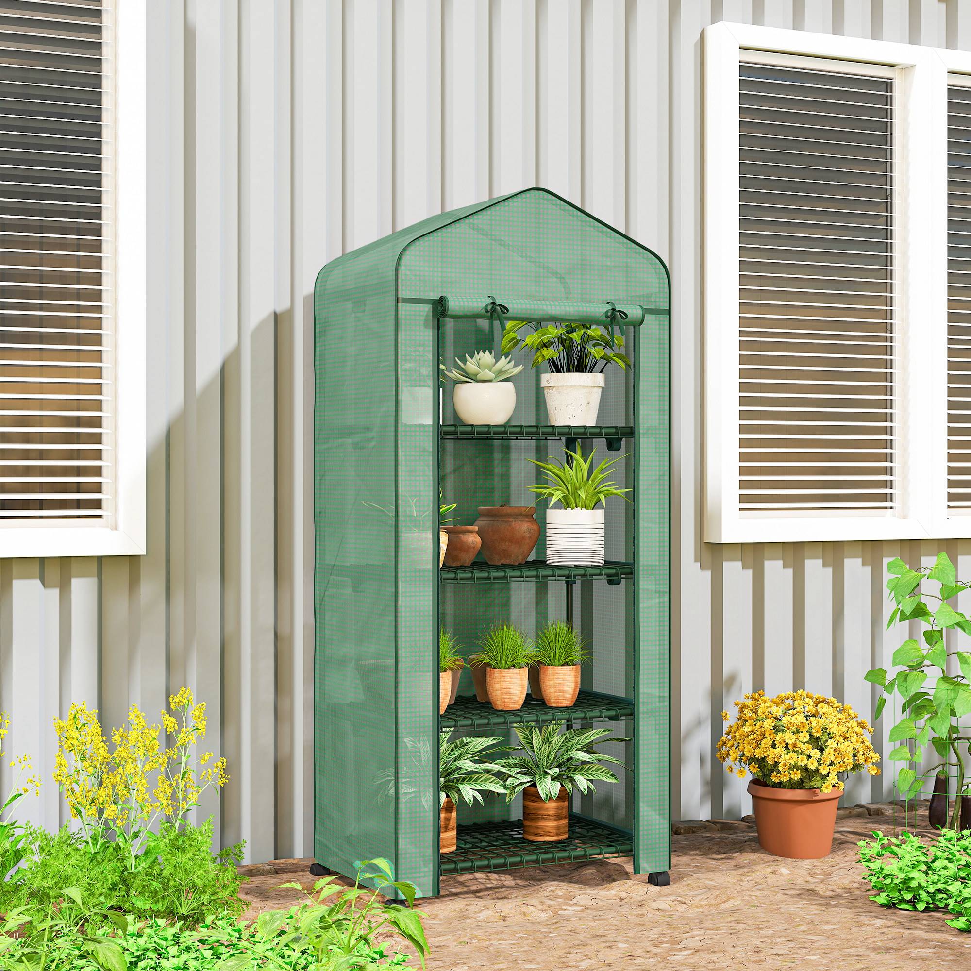 Serre balcon 4 niveaux 69x50x165 cm, acier PE, 4 roues, porte enroulable, mobile verte, plantes légumes fleurs - Image 3