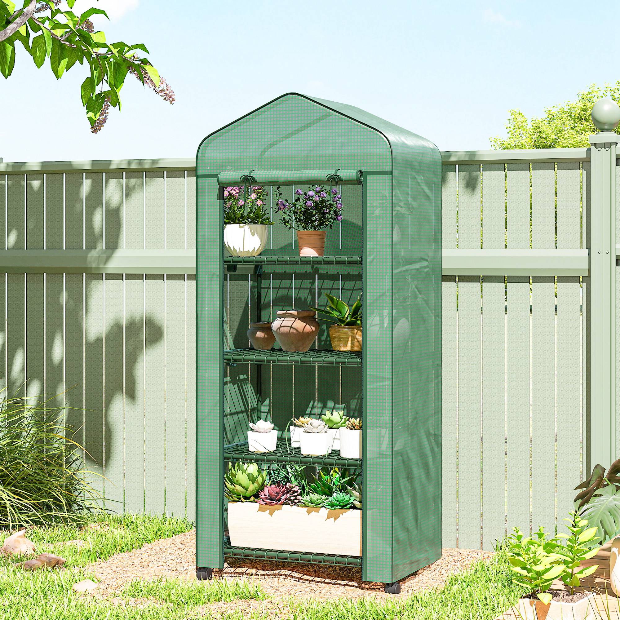 Serre balcon 4 niveaux 69x50x165 cm, acier PE, 4 roues, porte enroulable, mobile verte, plantes légumes fleurs - Image 4