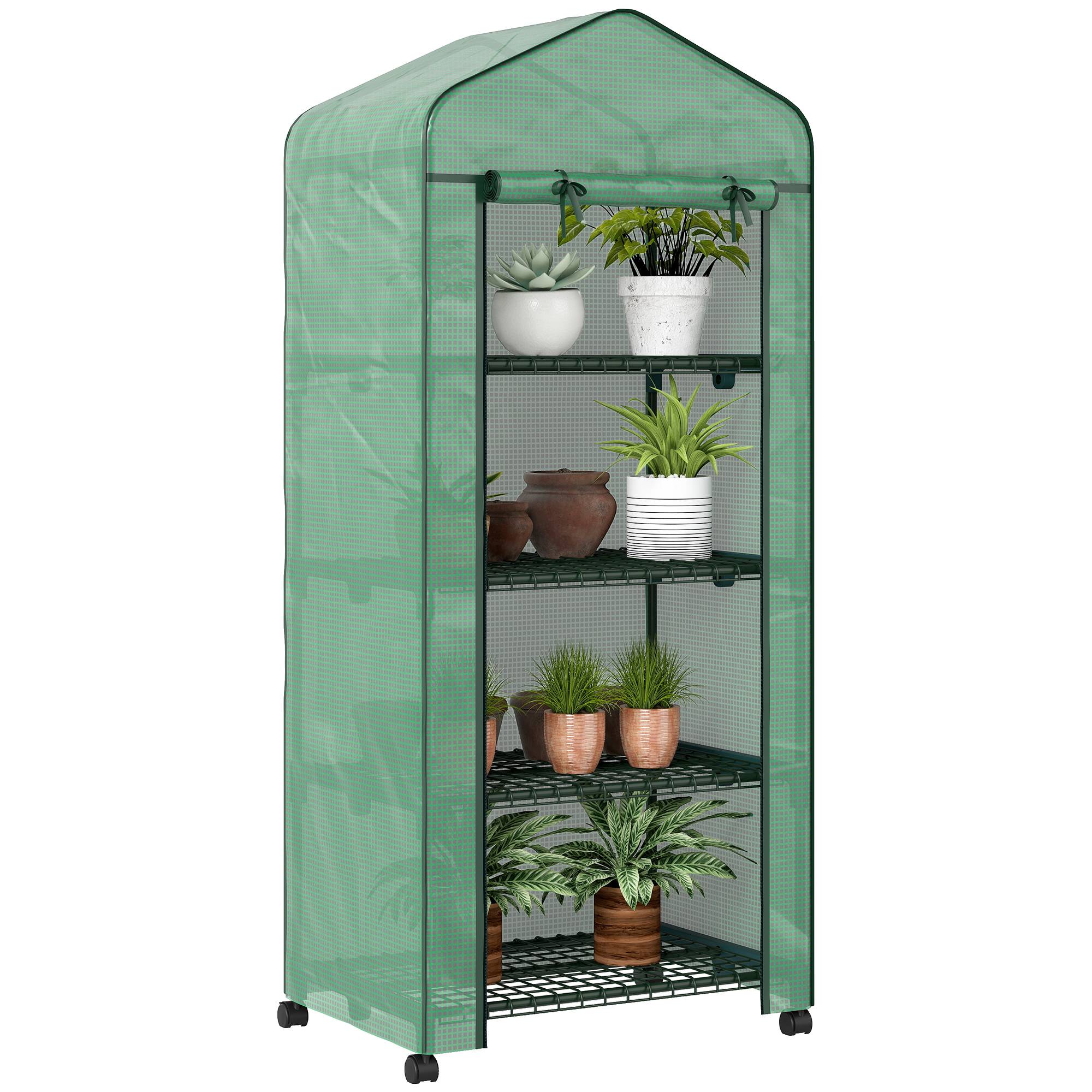 Serre balcon 4 niveaux 69x50x165 cm, acier PE, 4 roues, porte enroulable, mobile verte, plantes légumes fleurs - Image 1