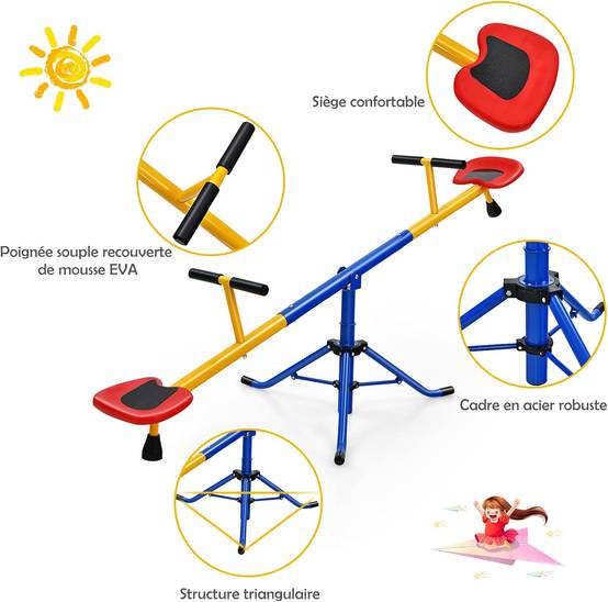 Balançoire à bascule tapecul pour enfant pivotante à 360° avec pieds d'arrêt jouet 3 - 8 ans - Image 3