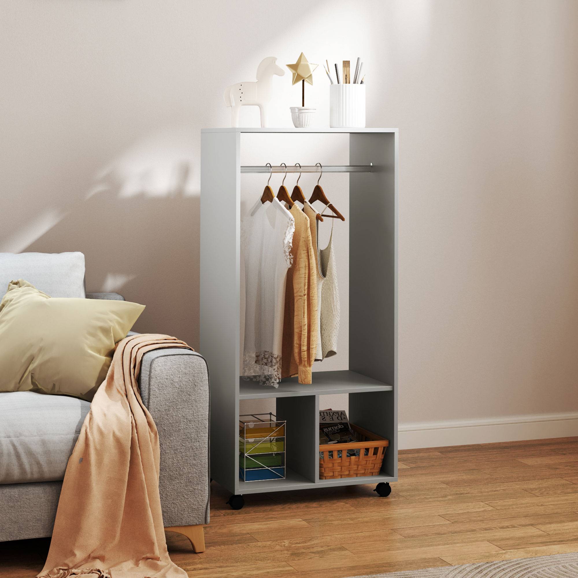 Sans Marque - Armoire penderie étagère 2 niches penderie 4 roulettes pivotantes dim. 60L x 40L x 128H cm gris - Image 3