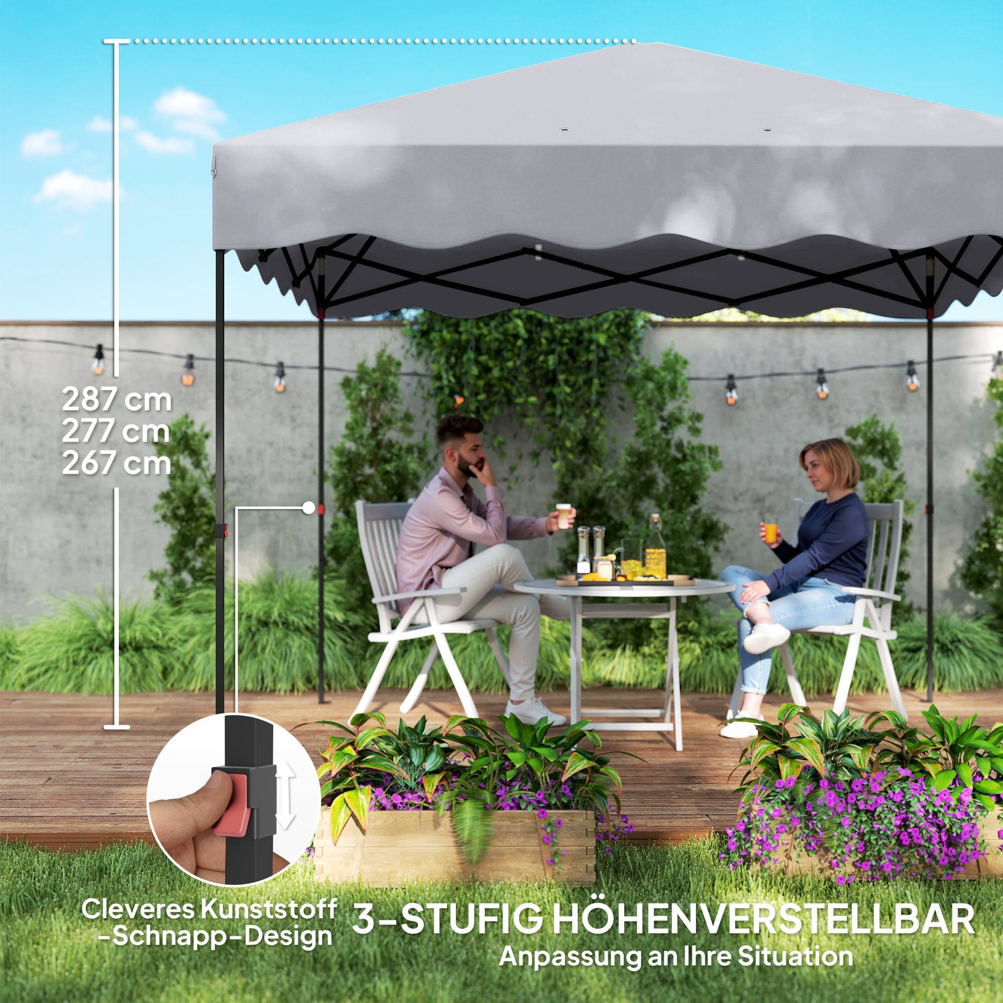 Tonnelle pop-up de jardin en métal pour terrasse protection UV réglable 3x3m gris clair - ComfortXL Outdoor Living - Image 7