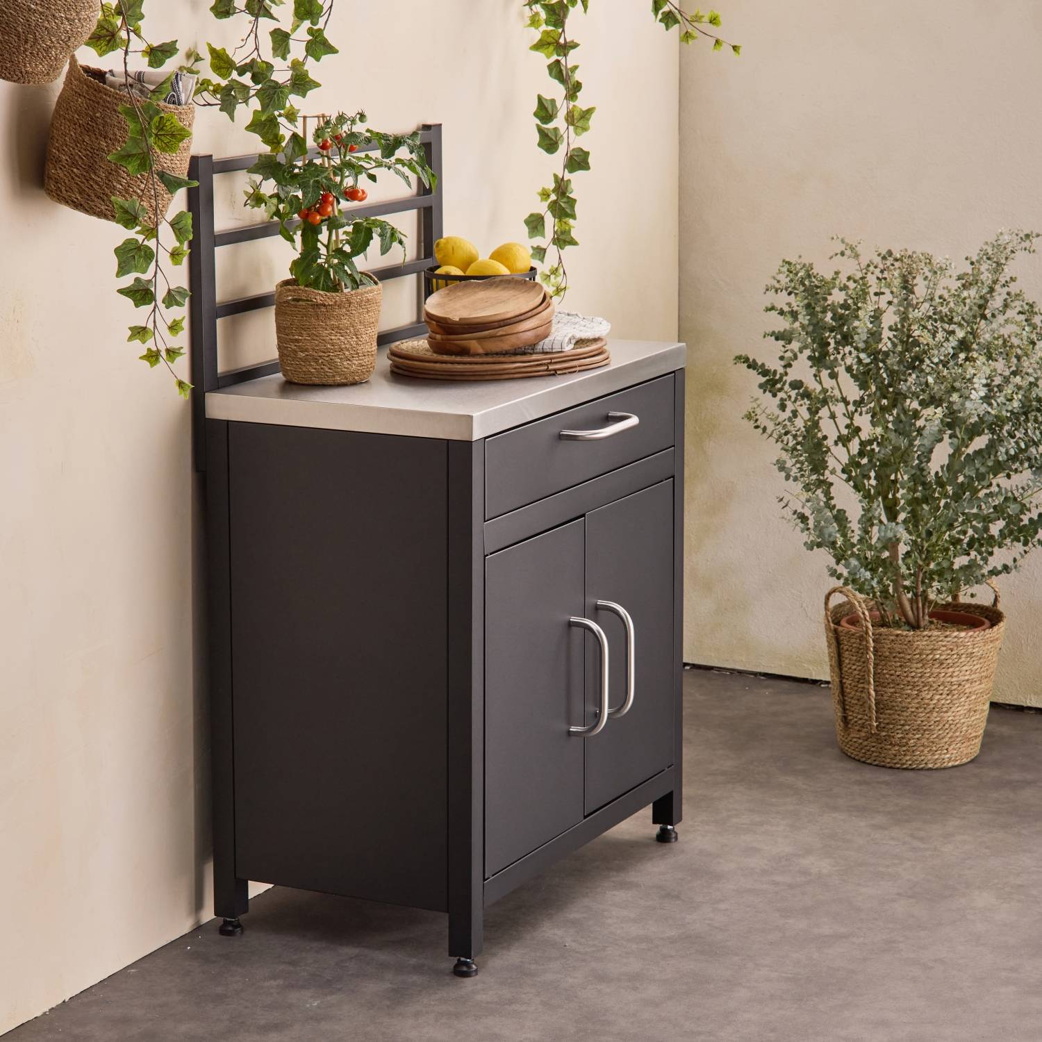 sweeek - Meuble de cuisine extérieure en acier avec 1 tiroir et 2 portes et 1 grille de suspension L80 | sweeek - Image 1