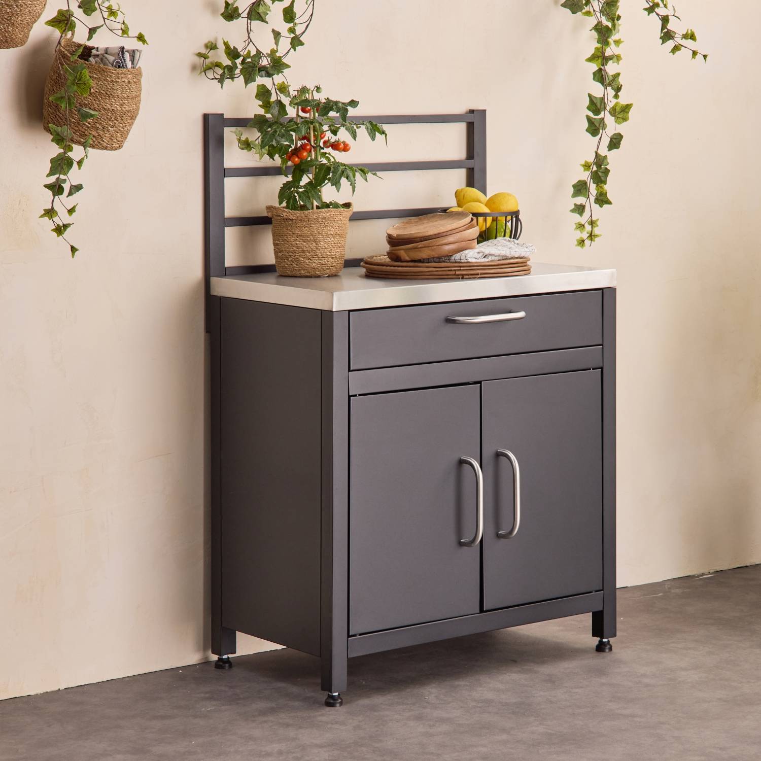 sweeek - Meuble de cuisine extérieure en acier avec 1 tiroir et 2 portes et 1 grille de suspension L80 | sweeek - Image 1