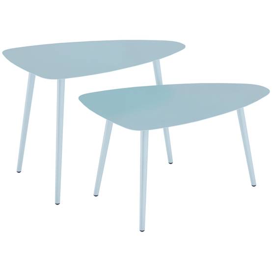 Sans Marque - Lot 2 tables basses jardin gigognes triangulaires acier patins ajustables bleu clair - Image 1