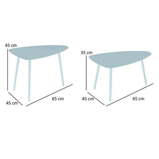 Sans Marque - Lot 2 tables basses jardin gigognes triangulaires acier patins ajustables bleu clair - Image 5