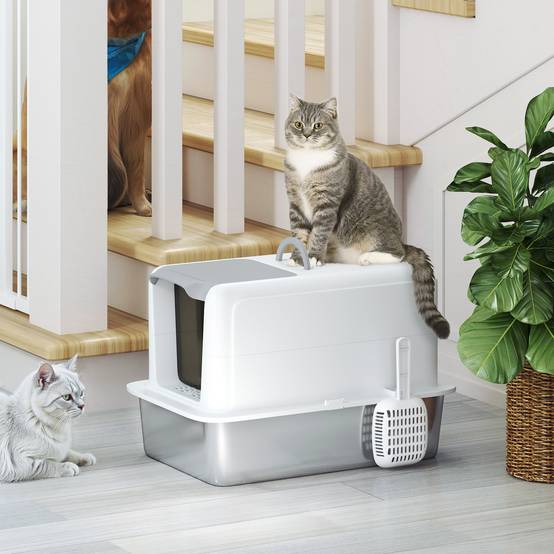 Maison de toilette Acier Inoxydable chats Hygiène anti-odeur 40x60x41cm Blanc - ComfortXL Outdoor Living - Image 10