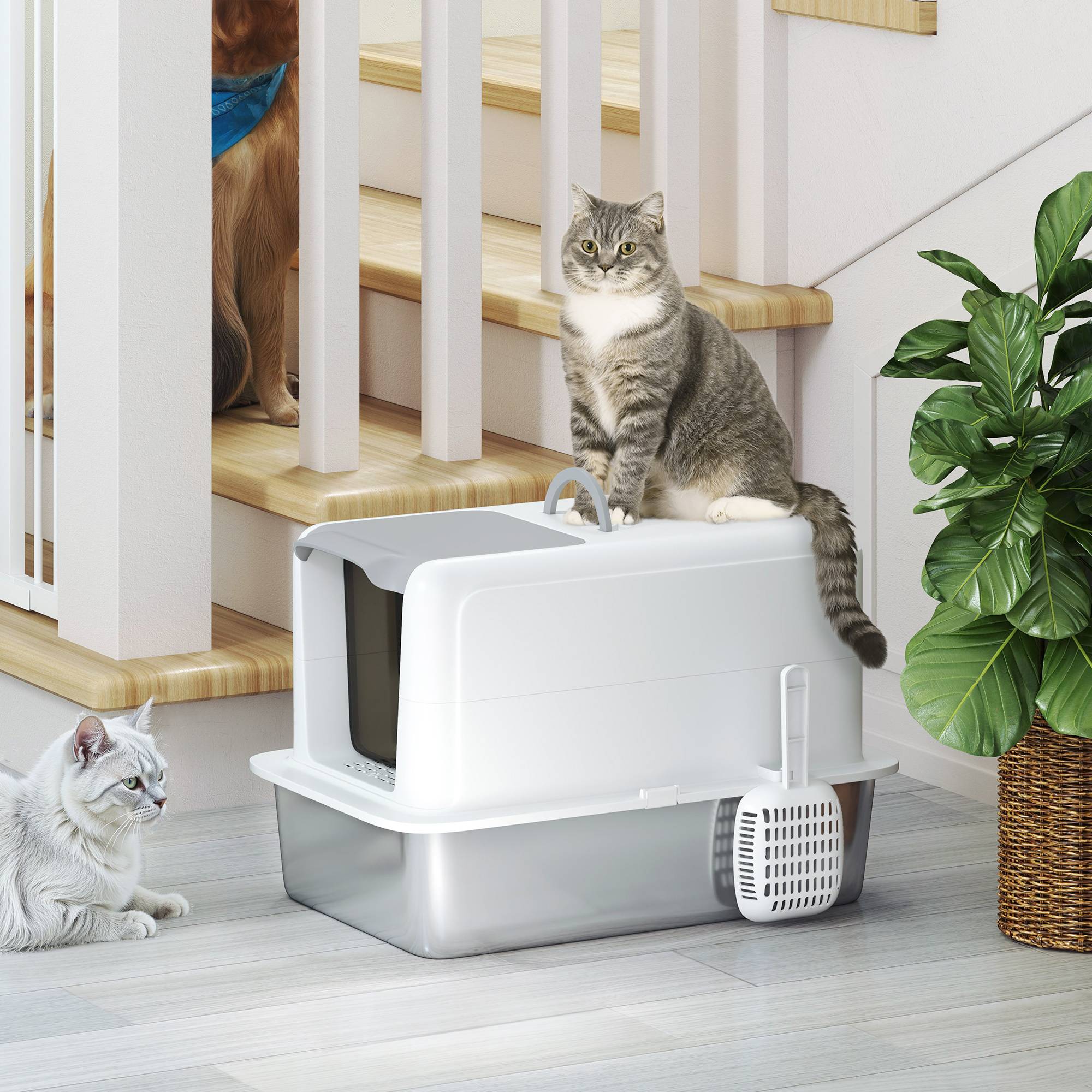 Maison de toilette Acier Inoxydable chats Hygiène anti-odeur 40x60x41cm Blanc - ComfortXL Outdoor Living - Image 10