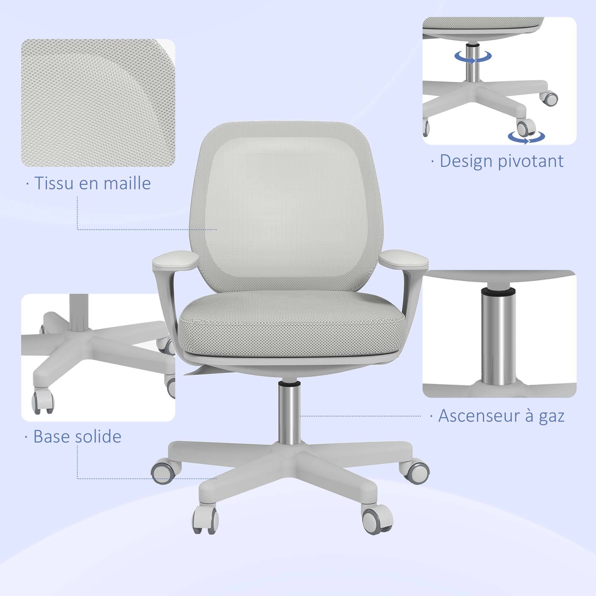 Sans Marque - Chaise de bureau tissu mesh hauteur réglable pivotante 360° accoudoirs sur roulettes, gris - Image 9