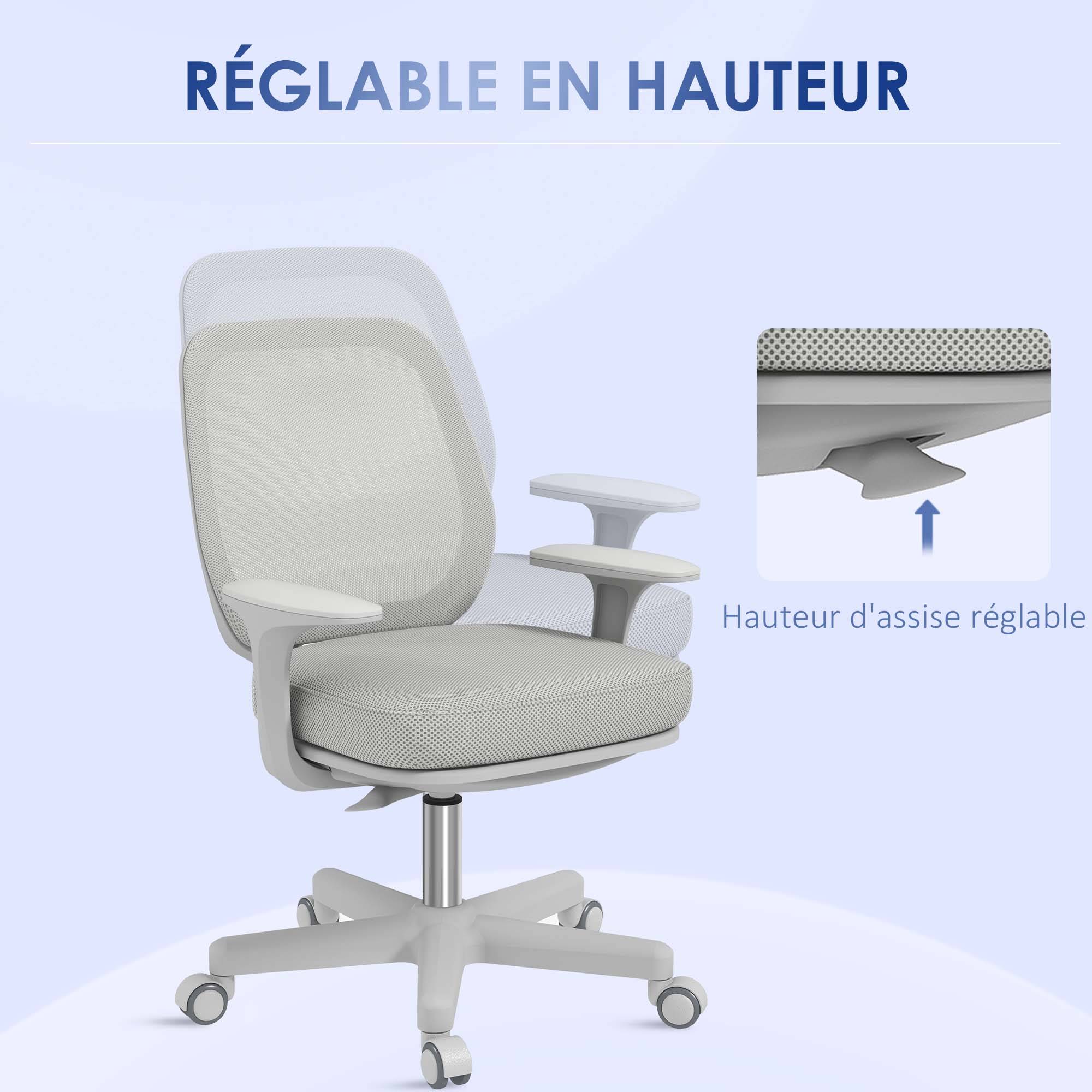Sans Marque - Chaise de bureau tissu mesh hauteur réglable pivotante 360° accoudoirs sur roulettes, gris - Image 7