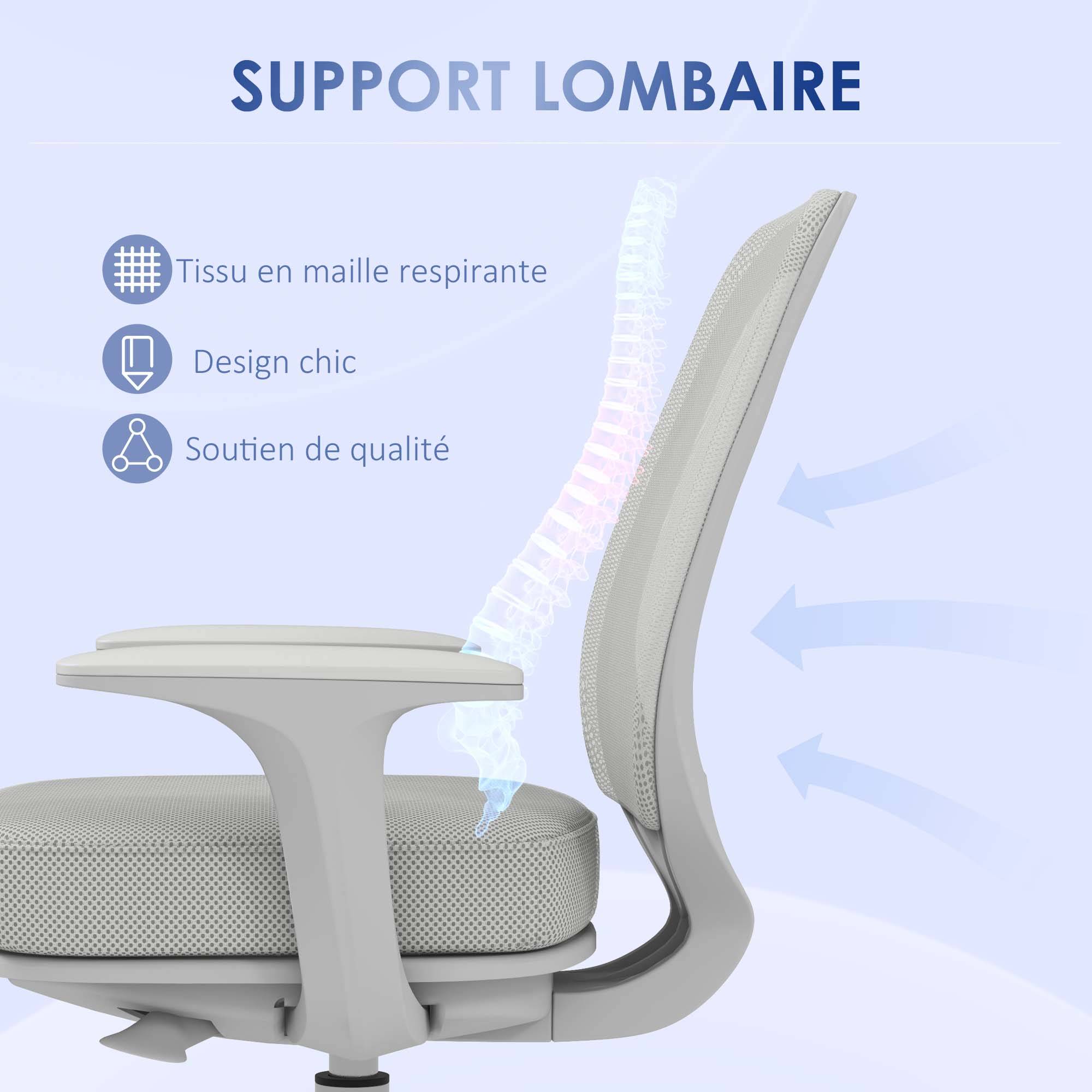 Sans Marque - Chaise de bureau tissu mesh hauteur réglable pivotante 360° accoudoirs sur roulettes, gris - Image 8