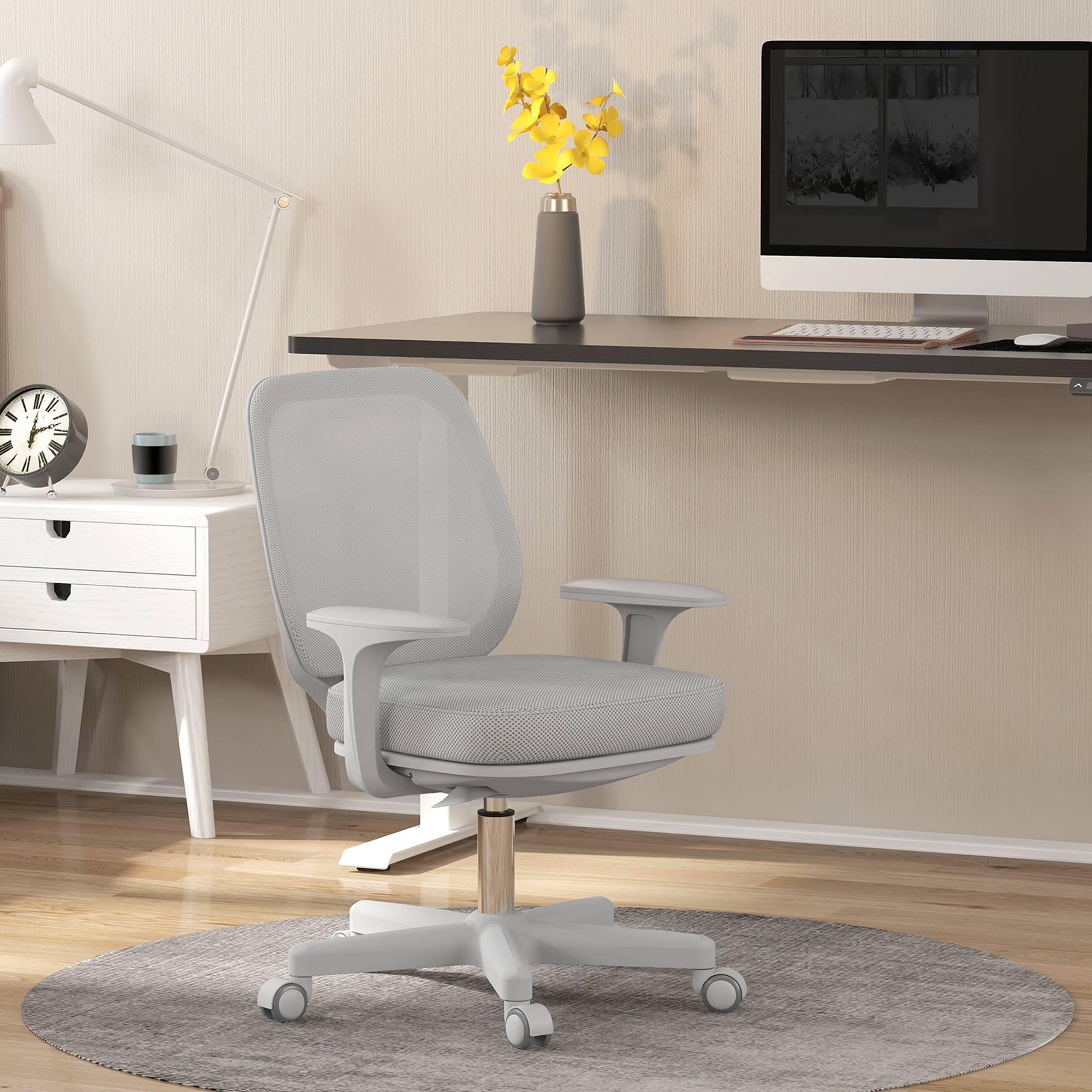 Sans Marque - Chaise de bureau tissu mesh hauteur réglable pivotante 360° accoudoirs sur roulettes, gris - Image 4