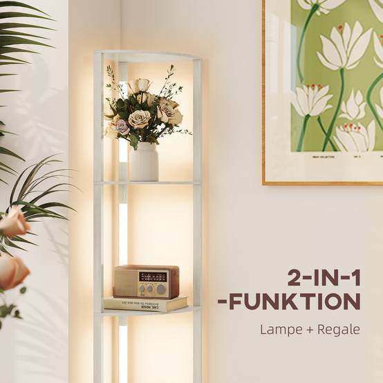 Lampadaire LED d'angle, étagère à intensité variable, 4 étagères, lumière blanc chaud, 41 x 30 x 164 cm, chêne - Image 10
