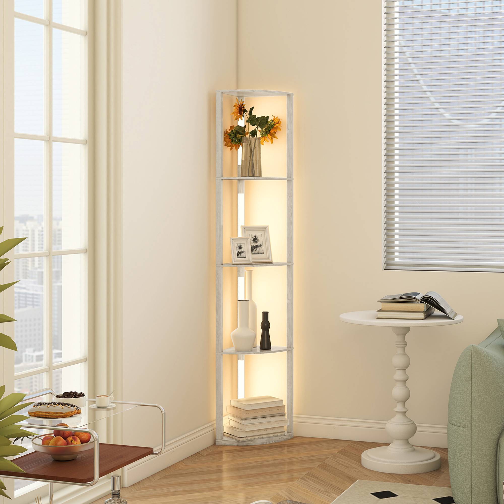 Lampadaire LED d'angle, étagère à intensité variable, 4 étagères, lumière blanc chaud, 41 x 30 x 164 cm, chêne - Image 4