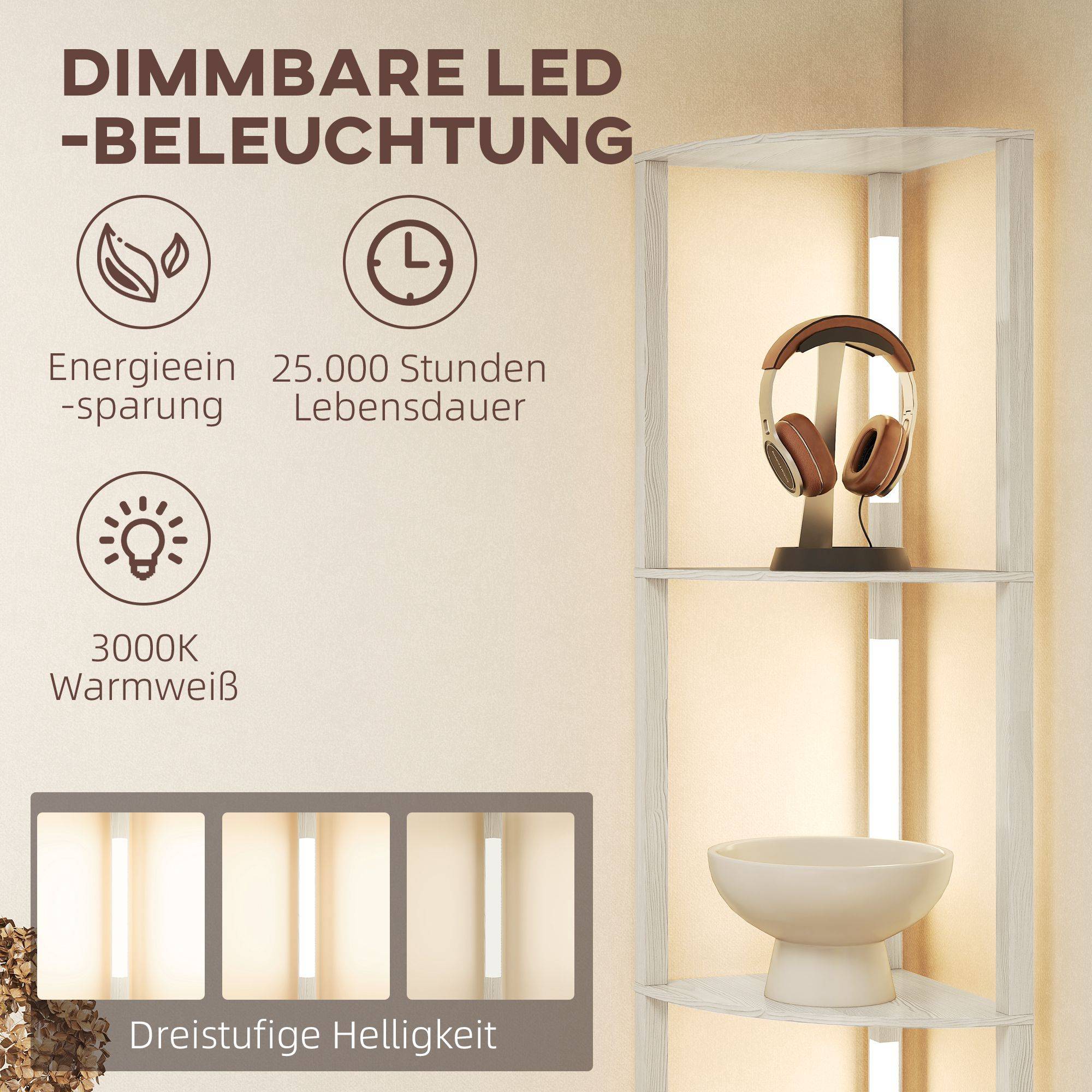 Lampadaire LED d'angle, étagère à intensité variable, 4 étagères, lumière blanc chaud, 41 x 30 x 164 cm, chêne - Image 7