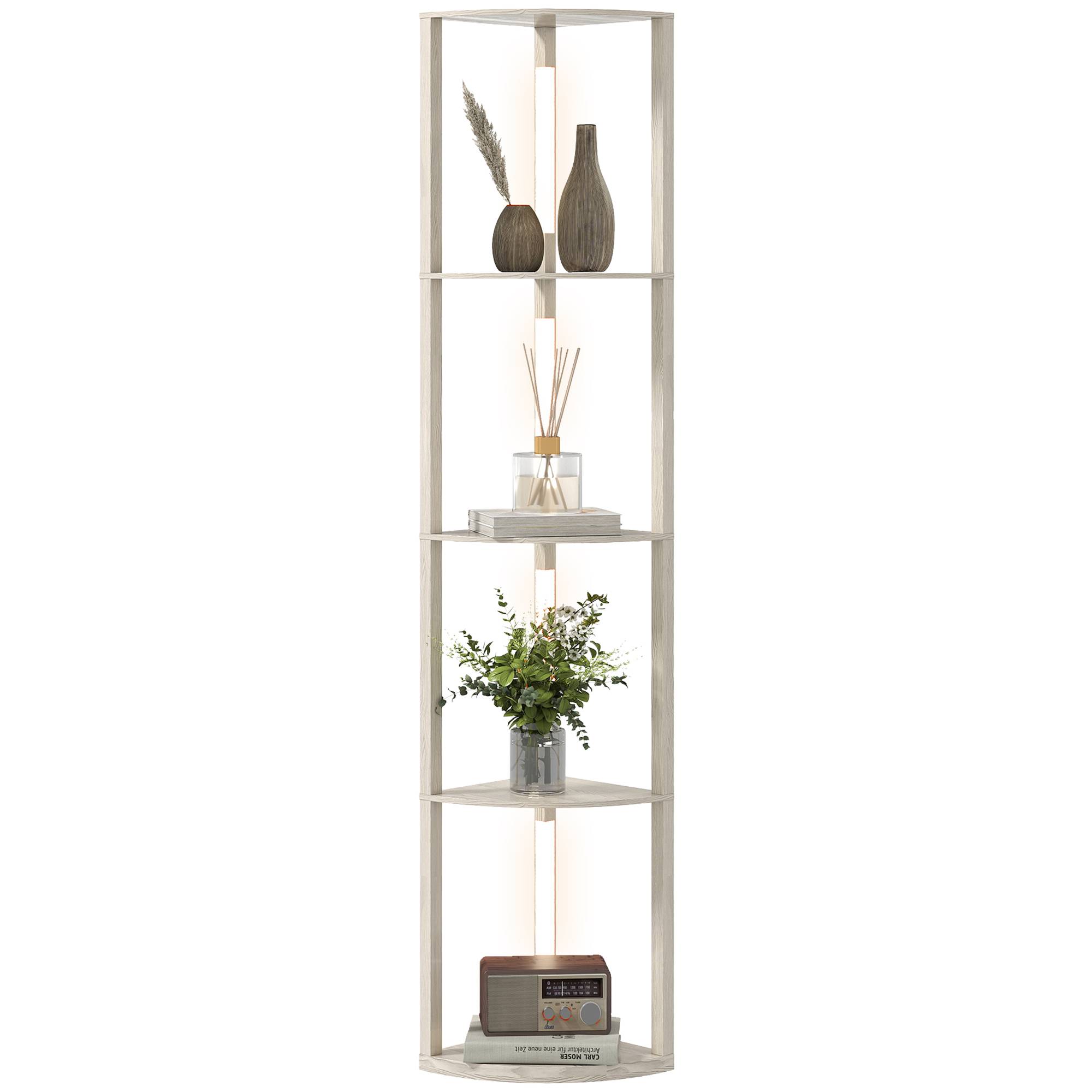 Lampadaire LED d'angle, étagère à intensité variable, 4 étagères, lumière blanc chaud, 41 x 30 x 164 cm, chêne - Image 1
